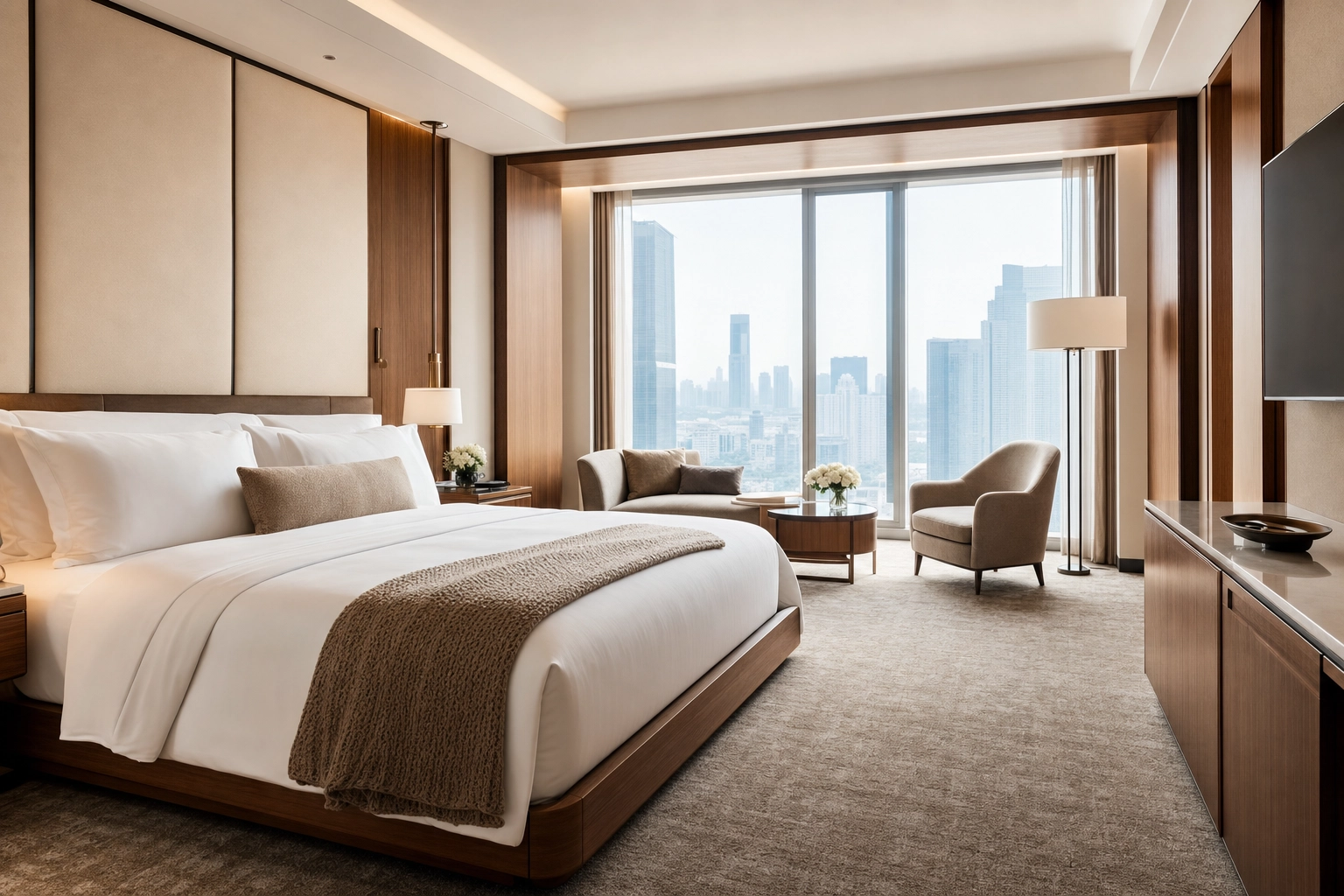 Luxury hotel guest room shot from a low corner angle showing a styled king bed and window view