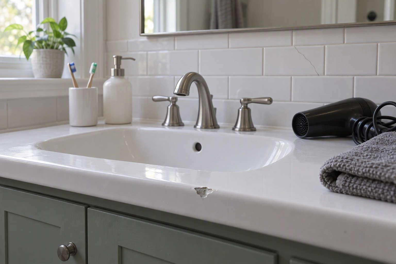 Bathroom vanity with removable toiletries beside a chipped sink and cracked tile that photo editing must never hide