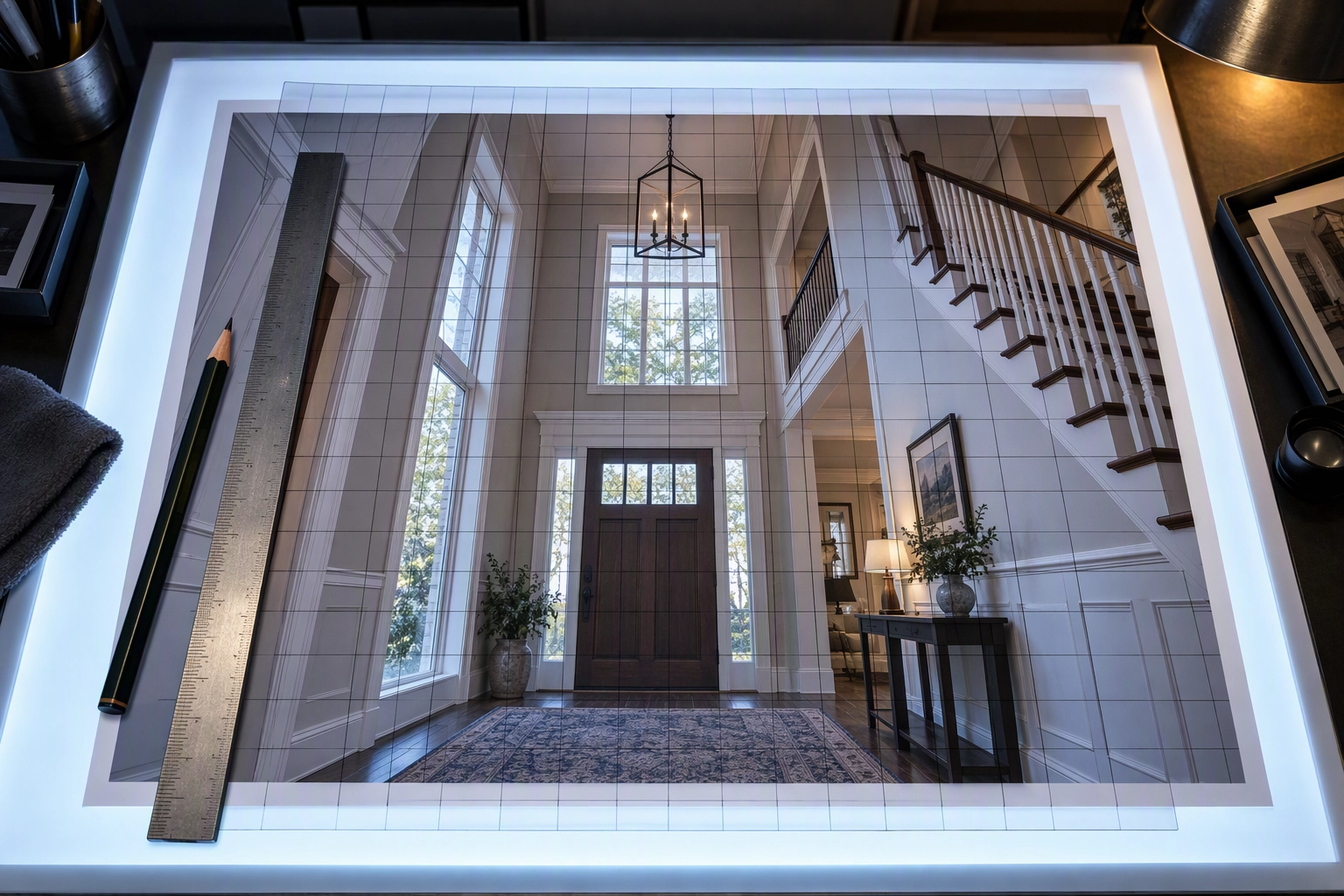 Grid overlay on a print of an entry hall with leaning door frames, the converging verticals Upright straightens