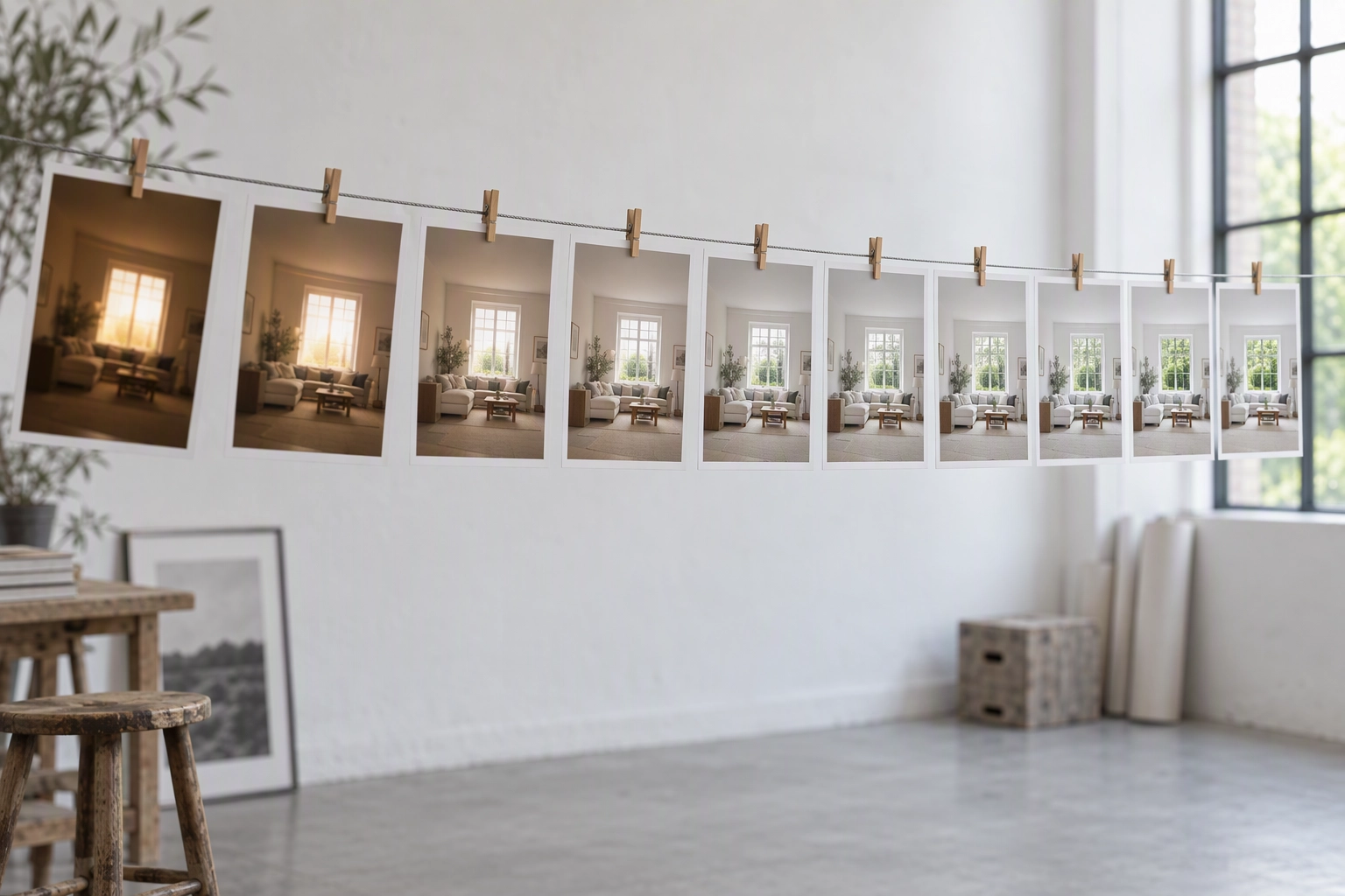 How to edit real estate photos step by step: a row of prints of one living room, from tilted and orange to straight and neutral