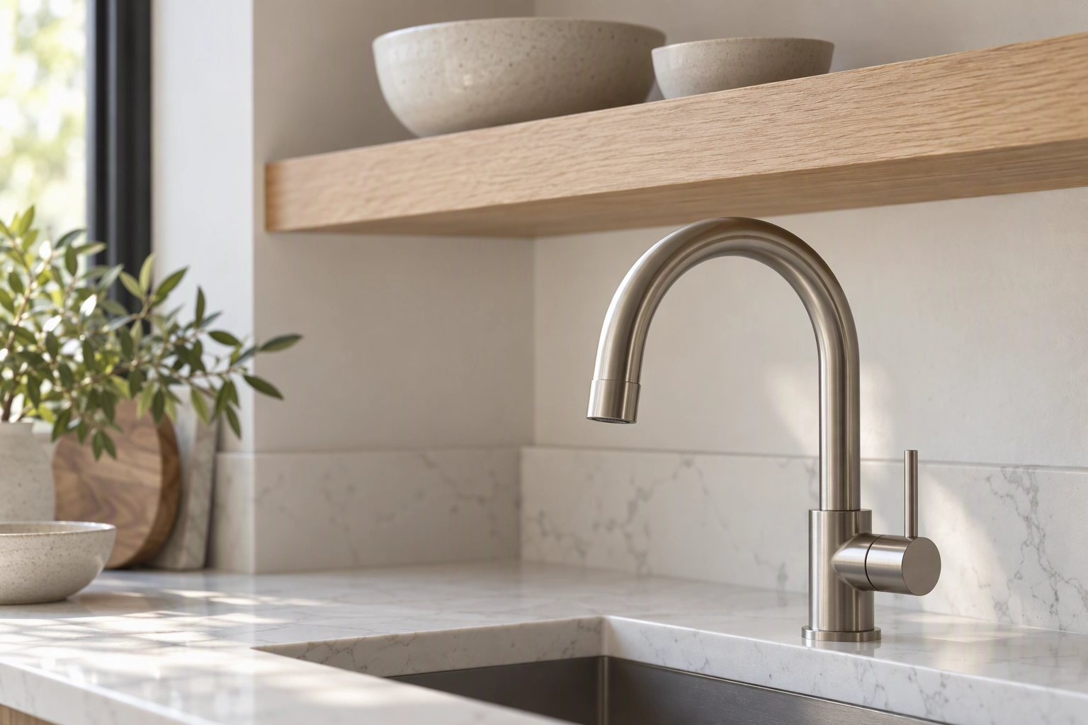 White quartz counter, white-oak shelf and brushed nickel faucet in neutral daylight, true colors an edit must keep