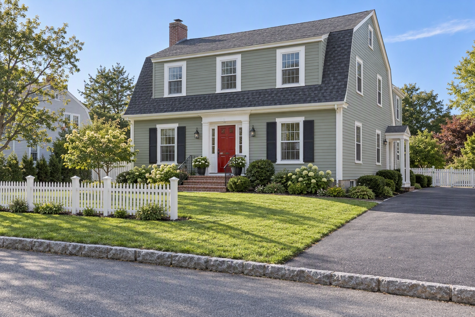 Front exterior of a Dutch Colonial home shot from across the street at 45 degrees in morning sun, the first frame of a listing
