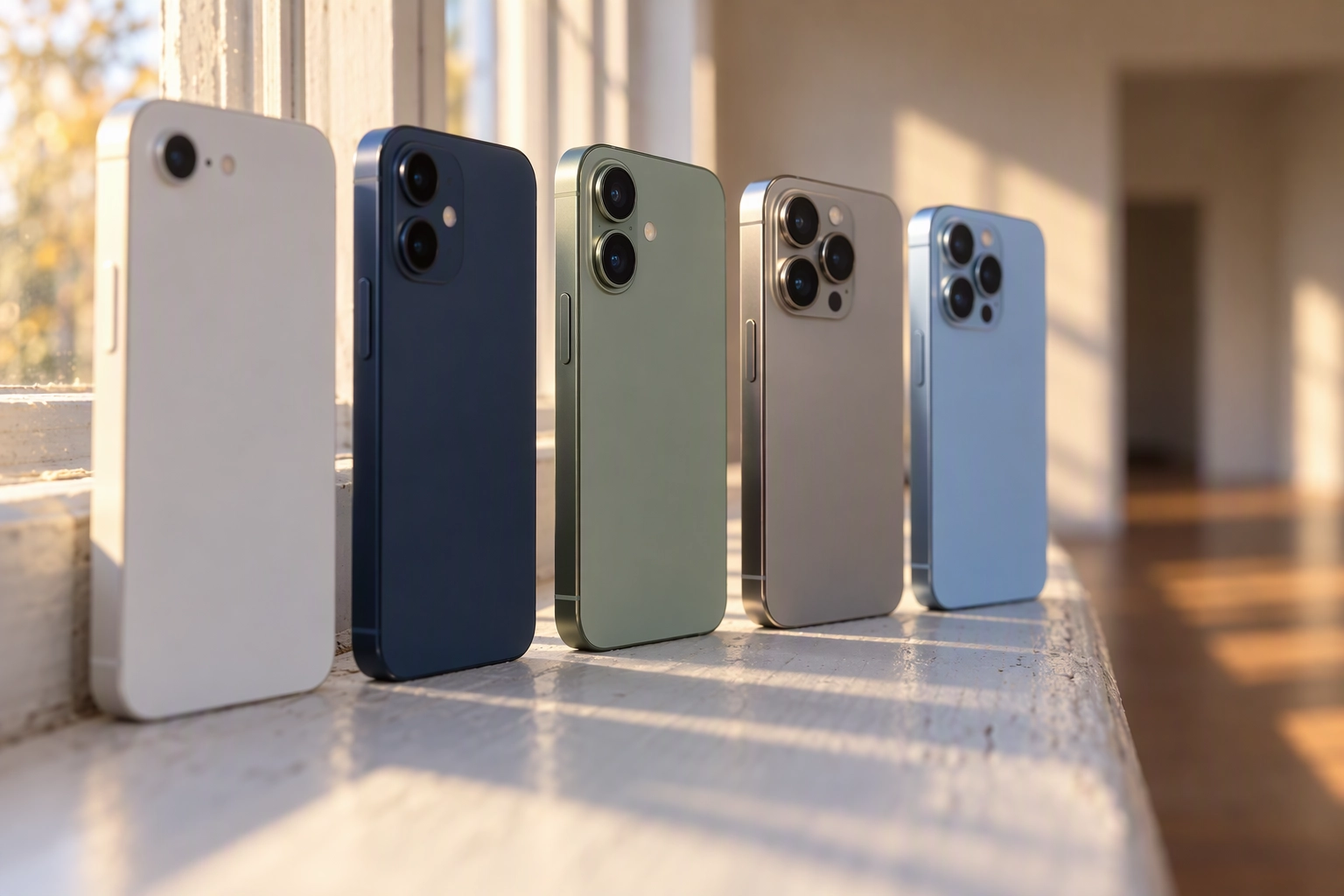 Five iPhone generations lined up on a windowsill showing single, dual and triple camera lenses for real estate photos