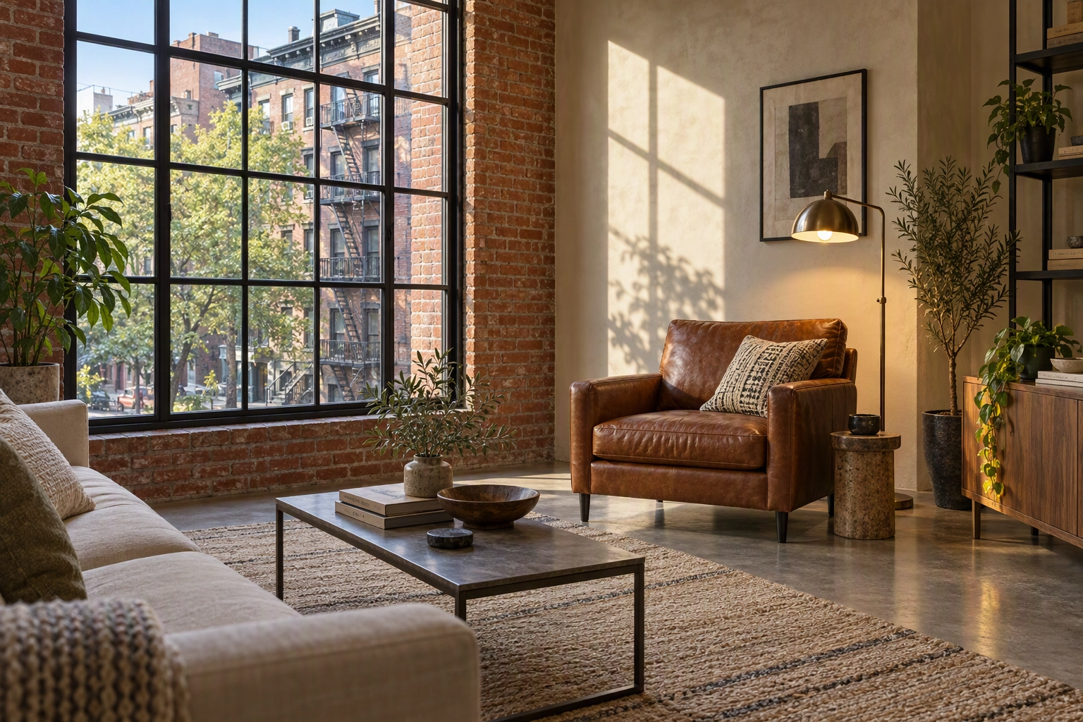 Loft living room exposed for the sunlit wall beside a steel window, the street view kept visible, as with iPhone AE/AF Lock