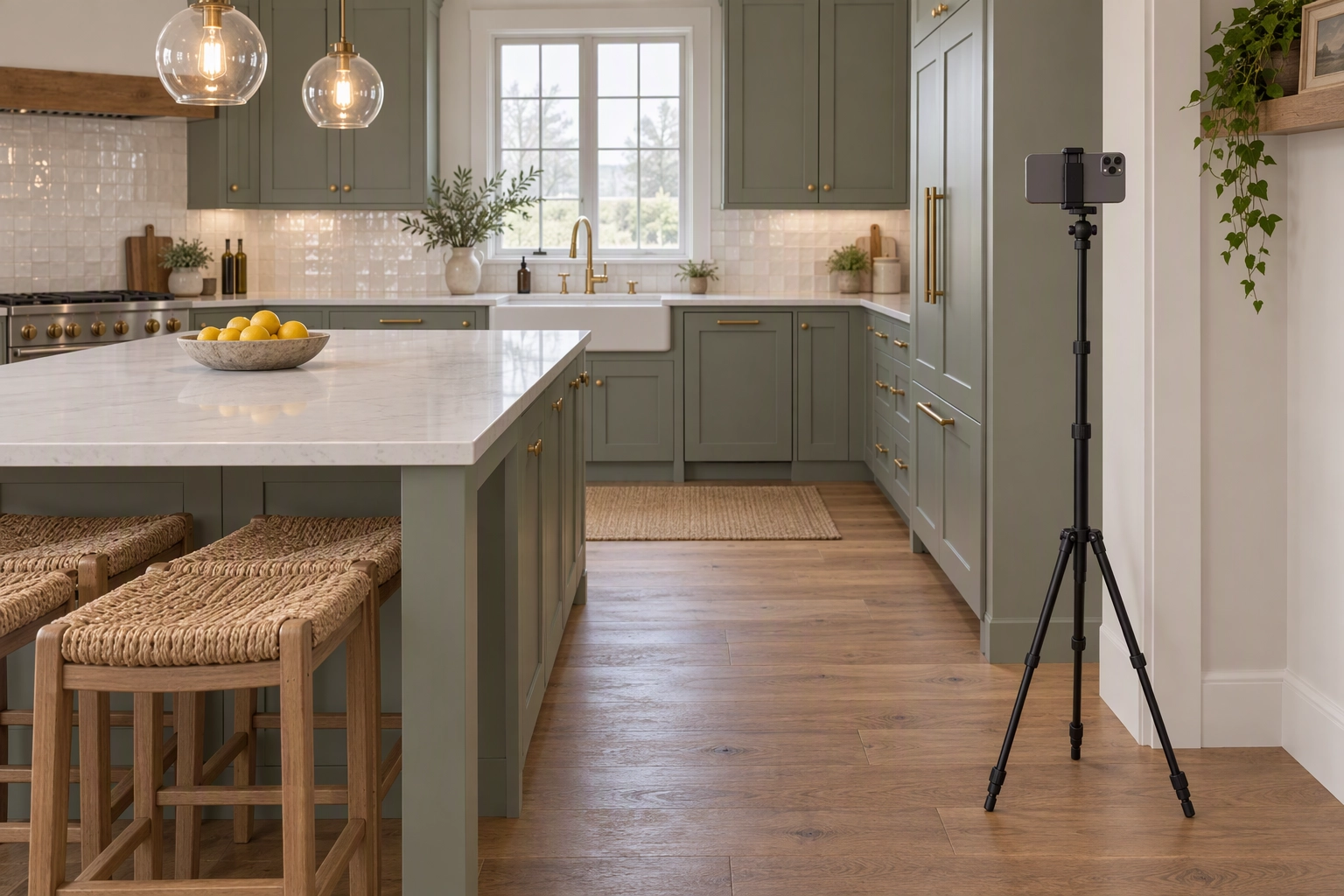 Phone on a tripod in a kitchen corner, set up level to shoot real estate photography with an iPhone
