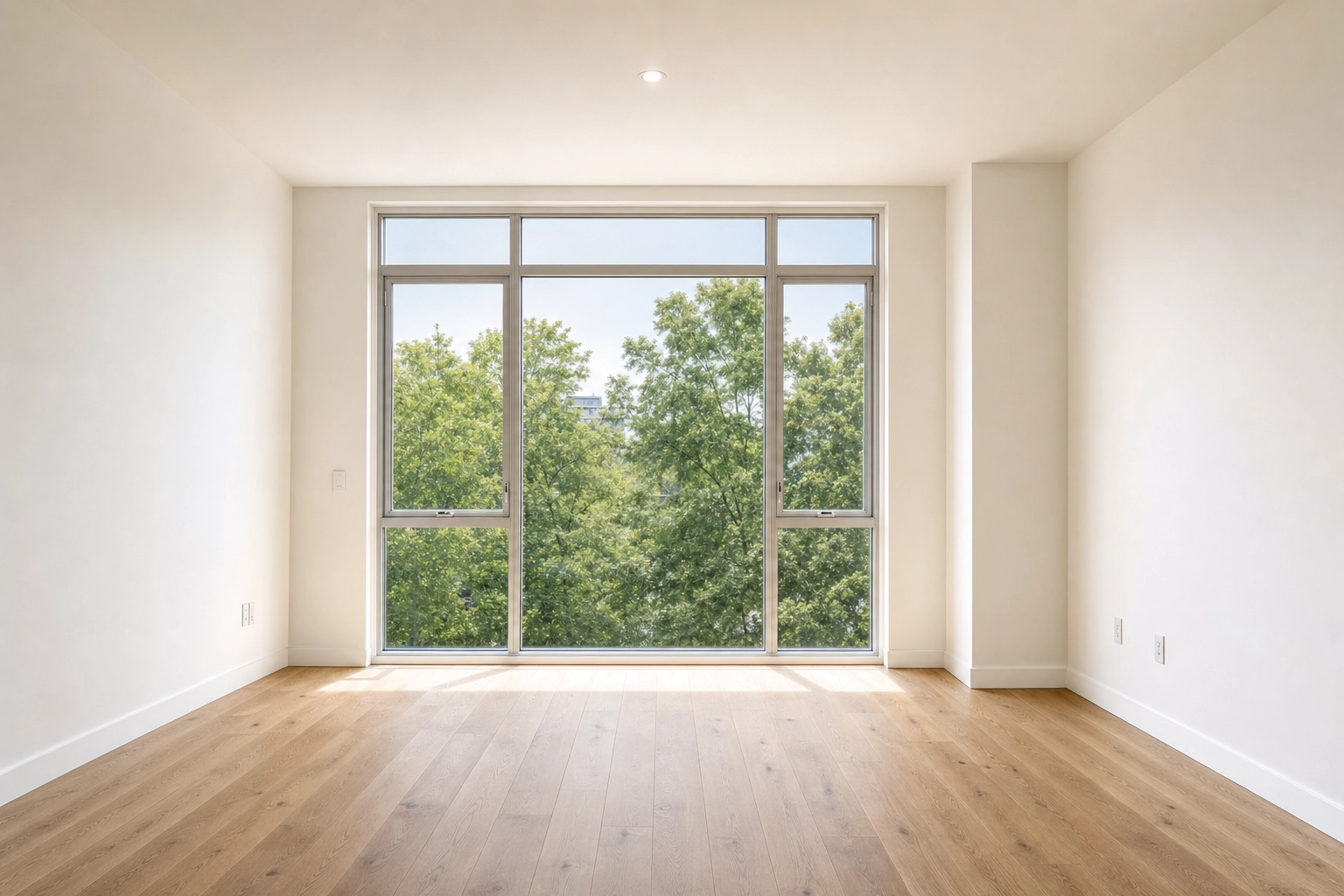 Empty light-filled living room with straight verticals and a balanced window, ready for staging and editing