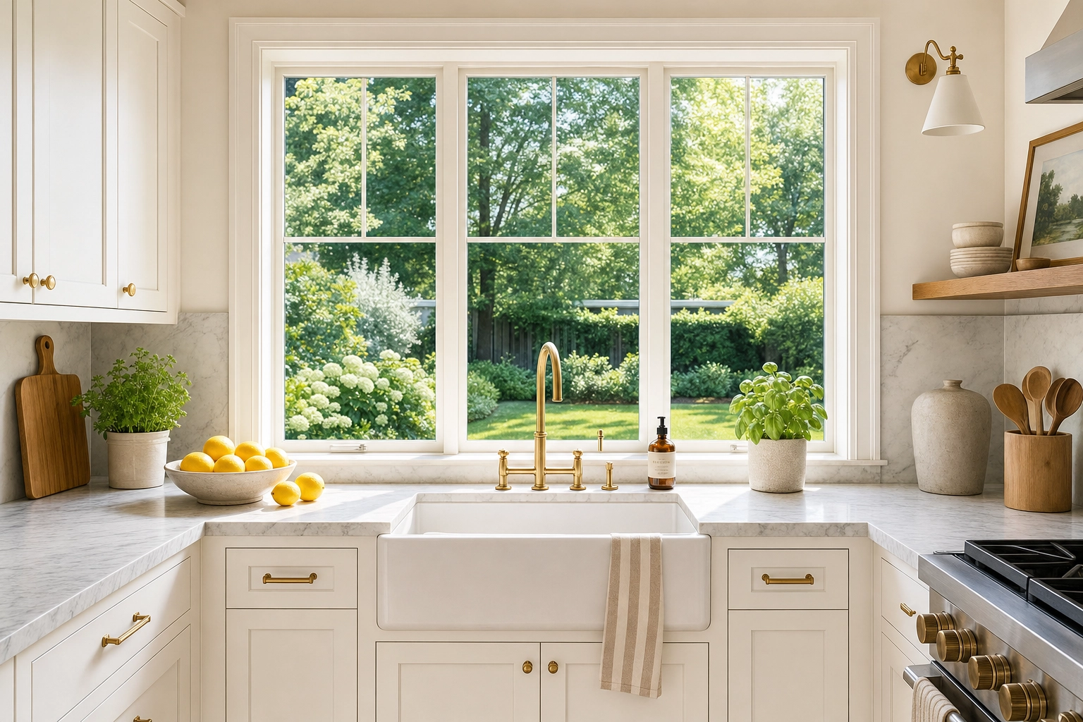 Kitchen window over the sink with a garden visible outside, showing a balanced window-pull exposure