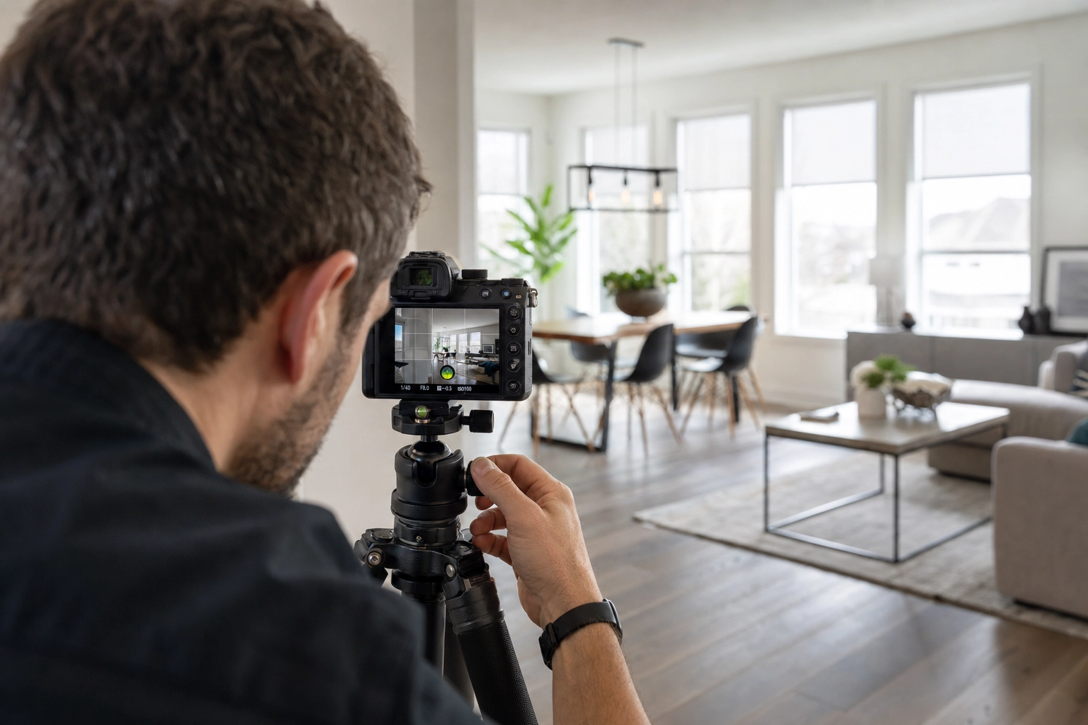 Real estate photographer setting tripod camera height and checking level while shooting a bright interior