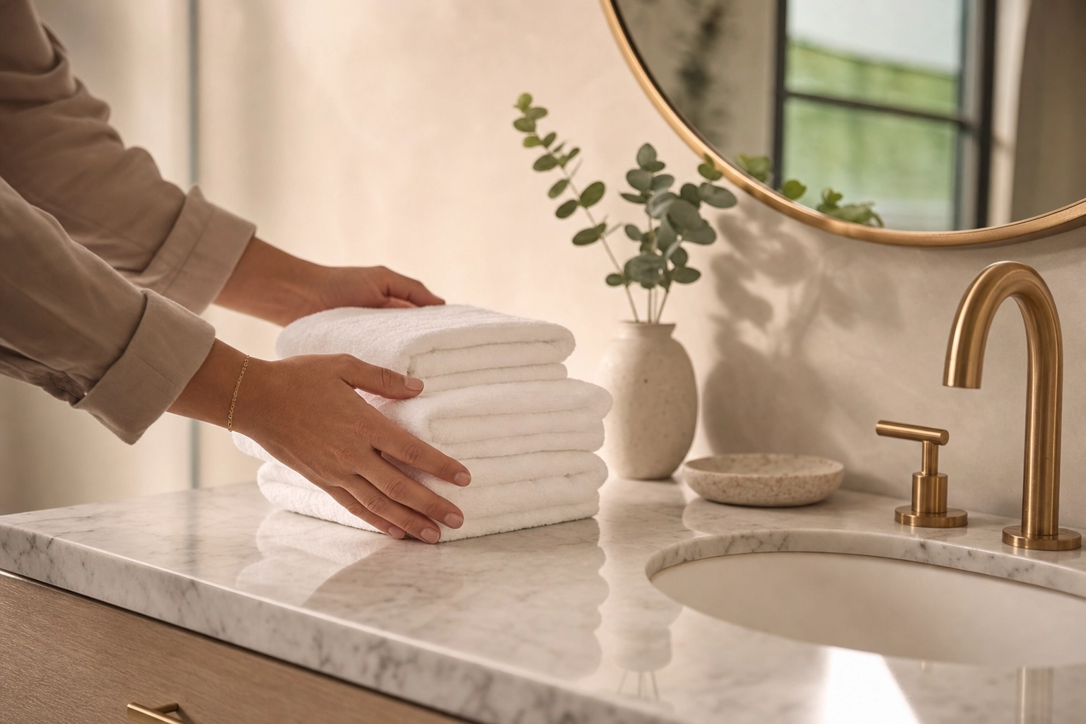 Hands placing fresh folded white towels on a cleared bathroom vanity while staging before a real estate shoot