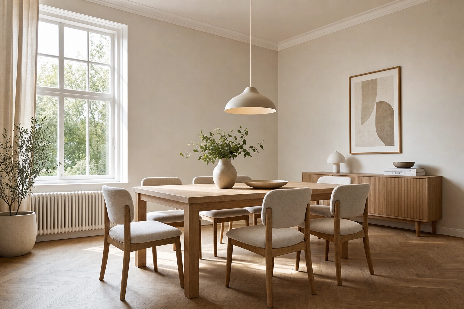 Contemporary dining room demonstrating two-wall corner composition with receding walls and a sense of depth