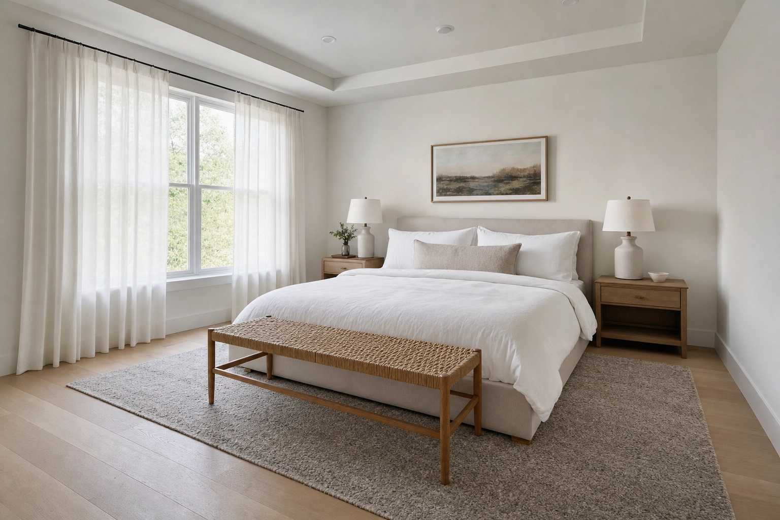 Virtually staged primary bedroom with added furniture while the walls, window, and floor stay unchanged