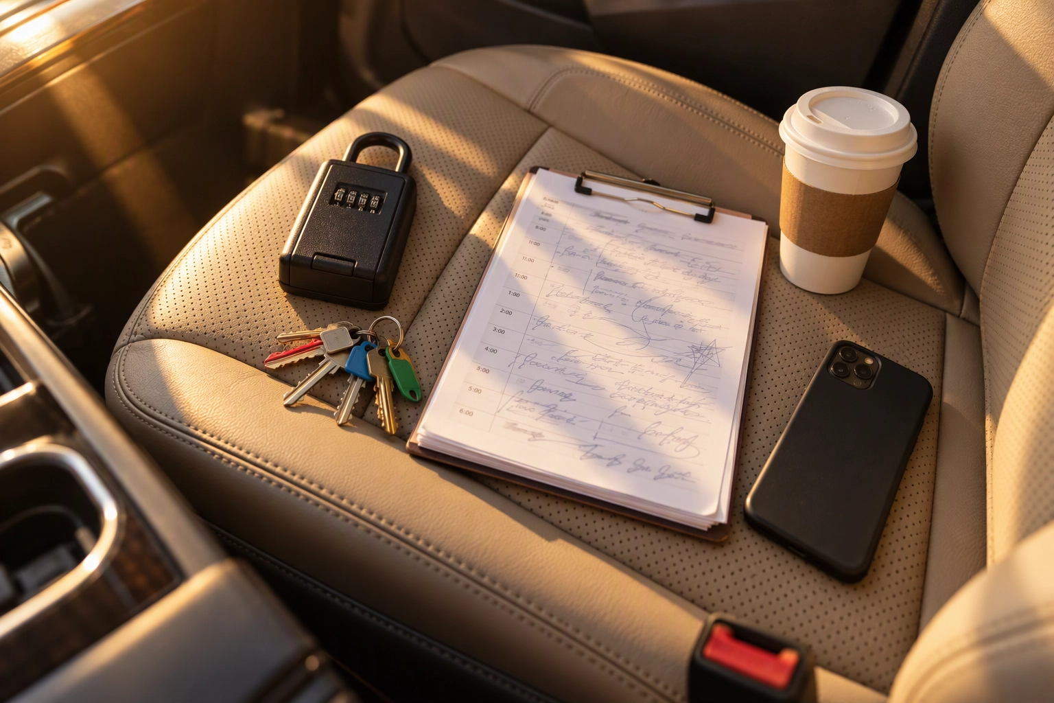 Agent's car passenger seat between showings with a lockbox, house keys and coffee while listing photos are being edited