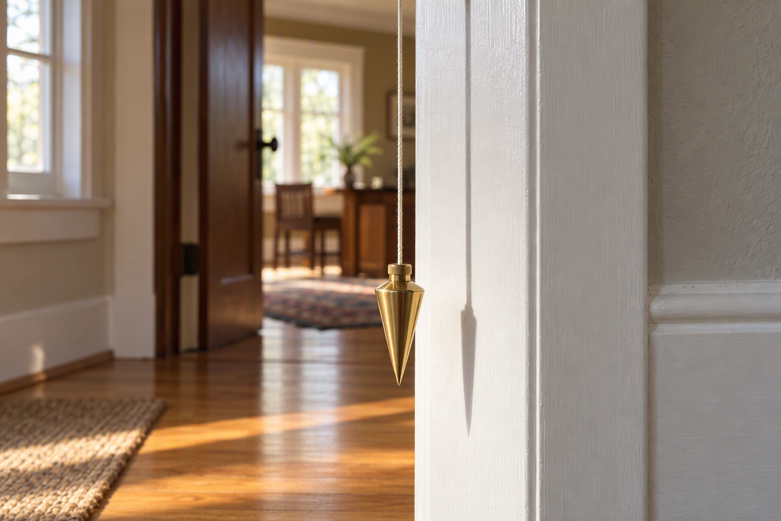 Brass plumb bob hanging beside a white door frame, the true vertical that Perspective Fix restores in iPhone listing photos