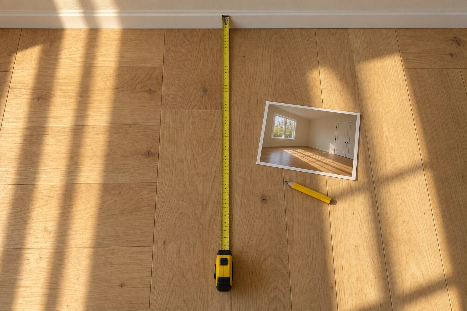 Tape measure across an empty bedroom floor beside a printed photo of the same room, checking a listing shows a true picture