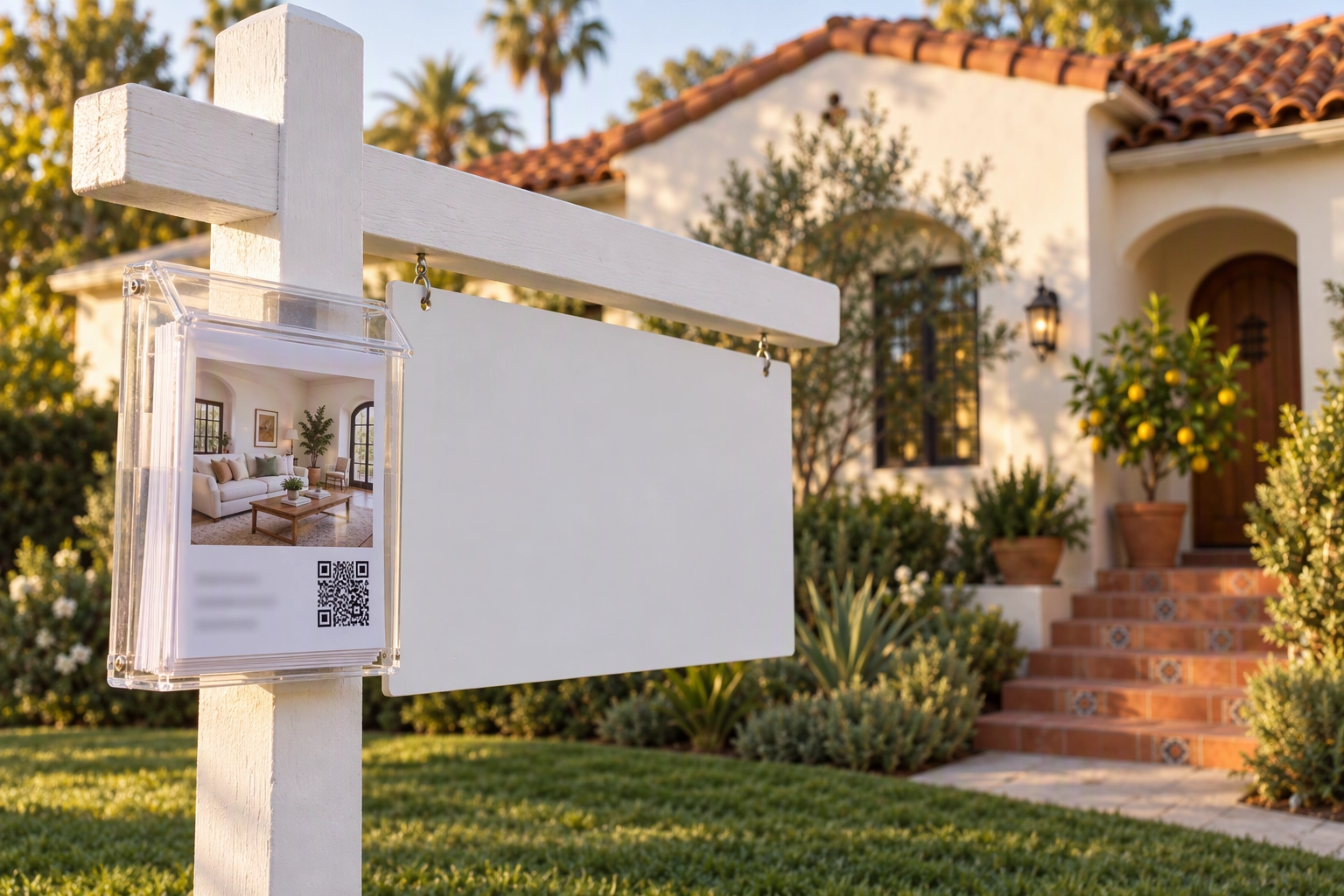 Flyer box on a for-sale sign post outside a California bungalow, holding flyers with a QR code to unaltered listing photos