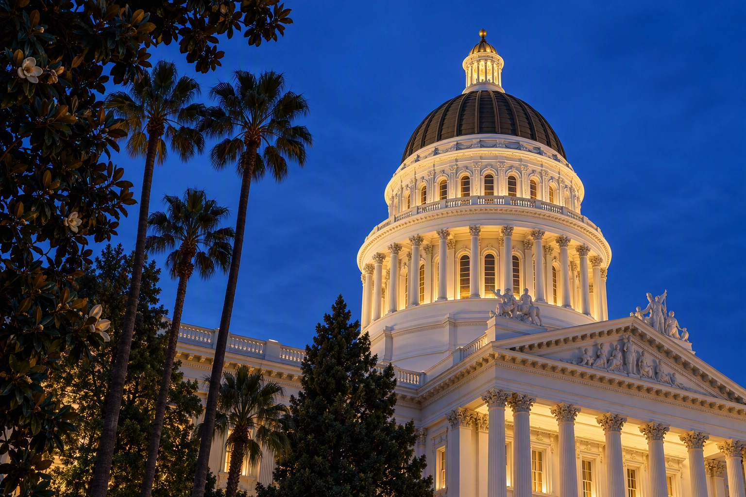 California State Capitol dome in Sacramento at blue hour, where AB 723 made virtual staging disclosure state law