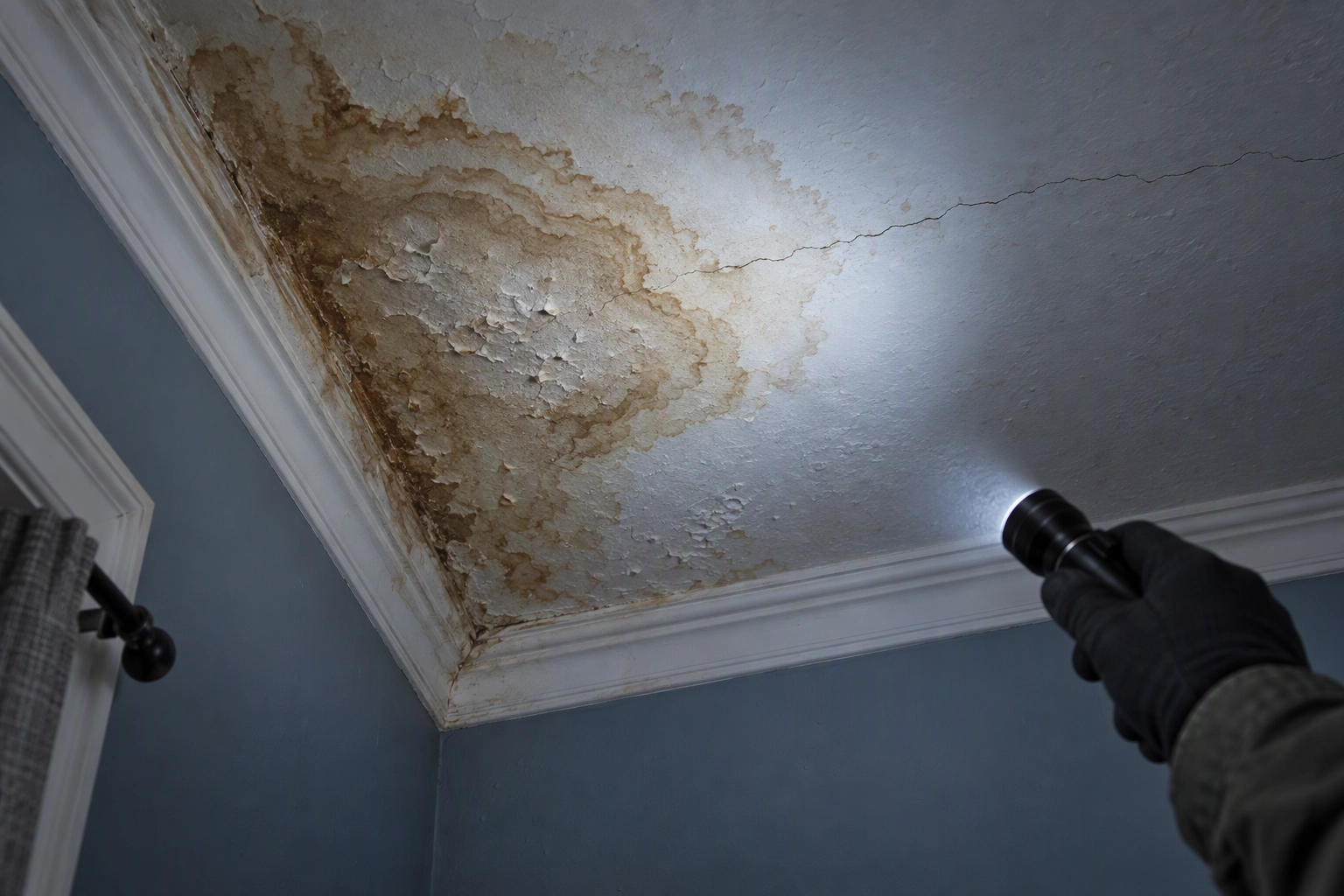 Flashlight beam on a ceiling water stain and crack, a defect virtual staging must never hide in listing photos