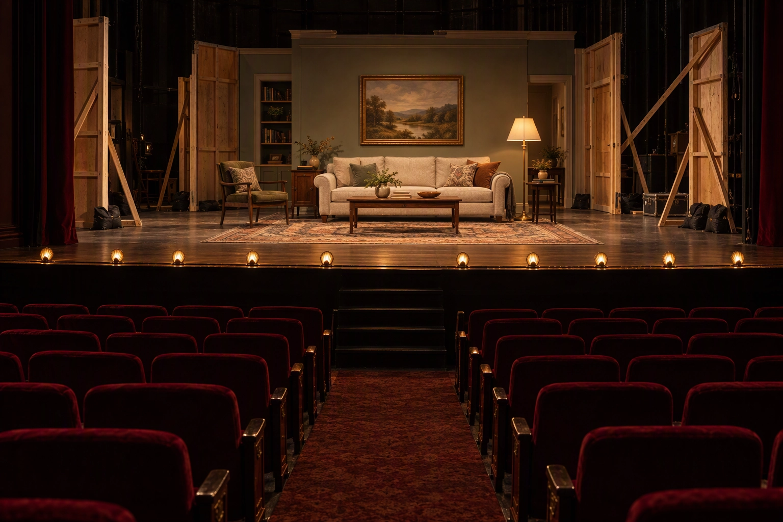 Living room set on a theatre stage with visible plywood flats, a metaphor for legal, openly disclosed virtual staging