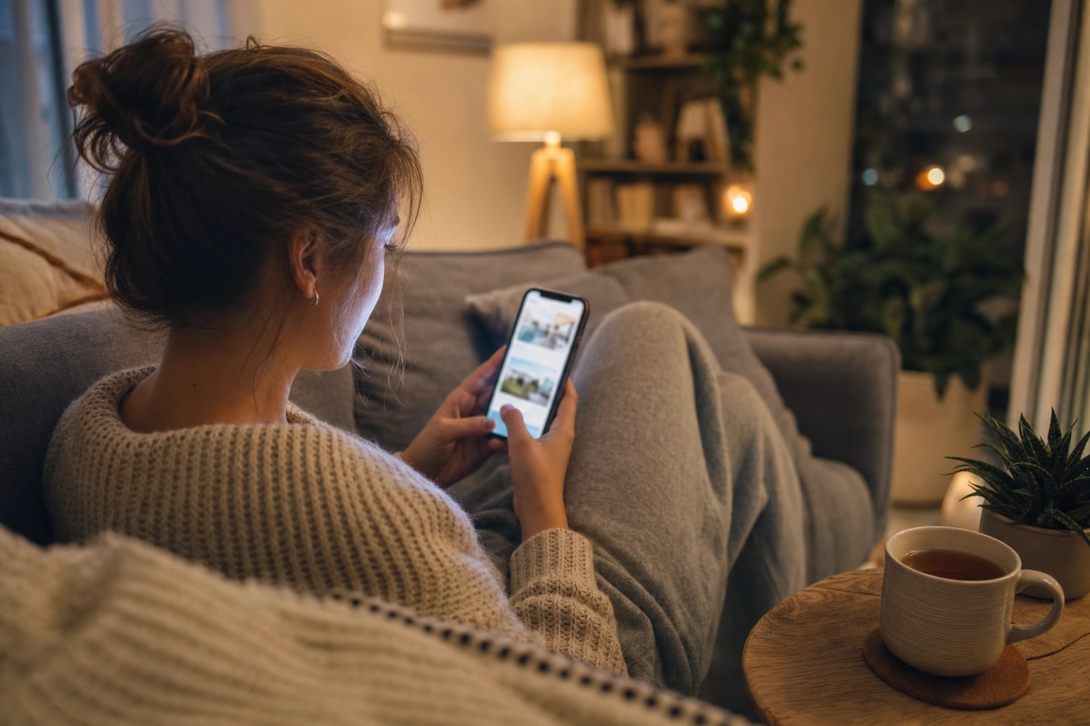 Home buyer browsing real estate listing photos on a phone in the evening, the online-first first impression
