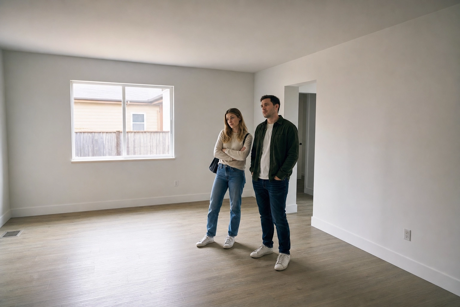 Couple in an empty room at a showing, illustrating the empty-home letdown after seeing staged listing photos
