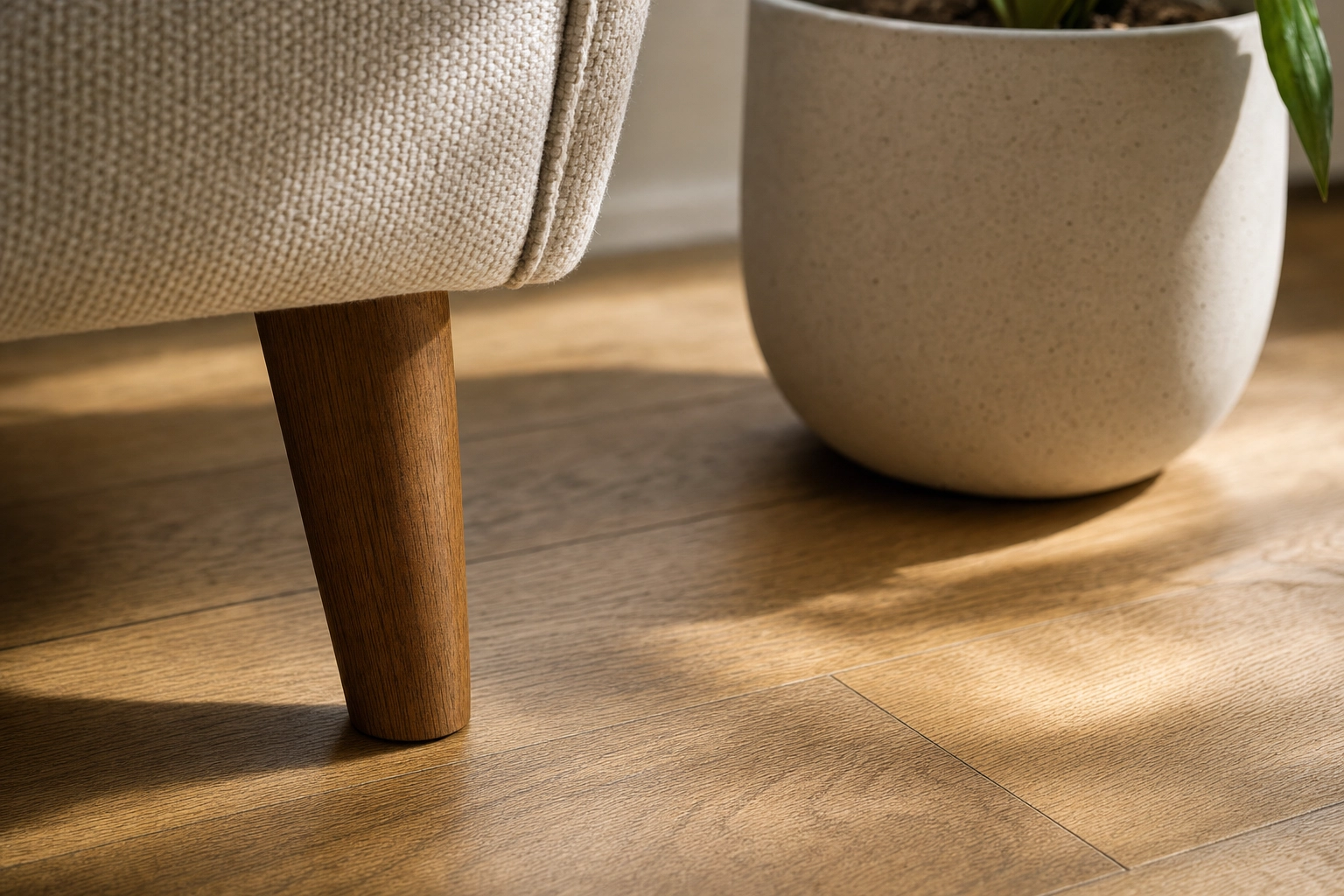 Close-up of furniture casting realistic matched shadows on real hardwood, showing virtual staging fidelity