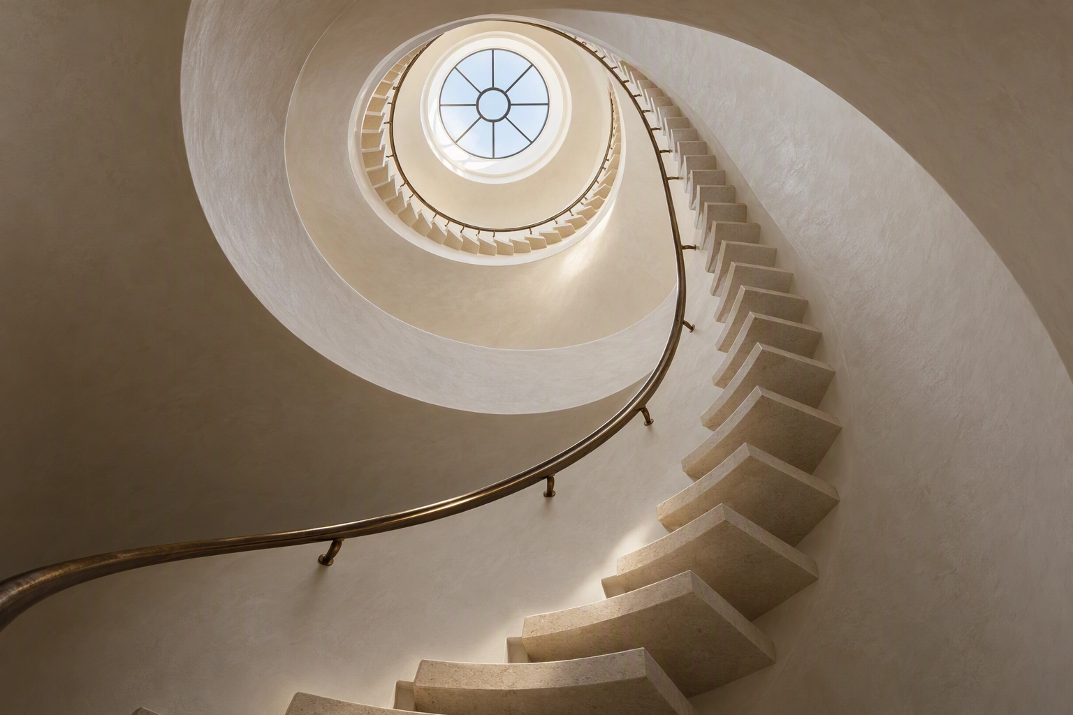 Worm's-eye view up an elliptical plaster staircase with a bronze handrail, an architectural detail frame for a high-end home