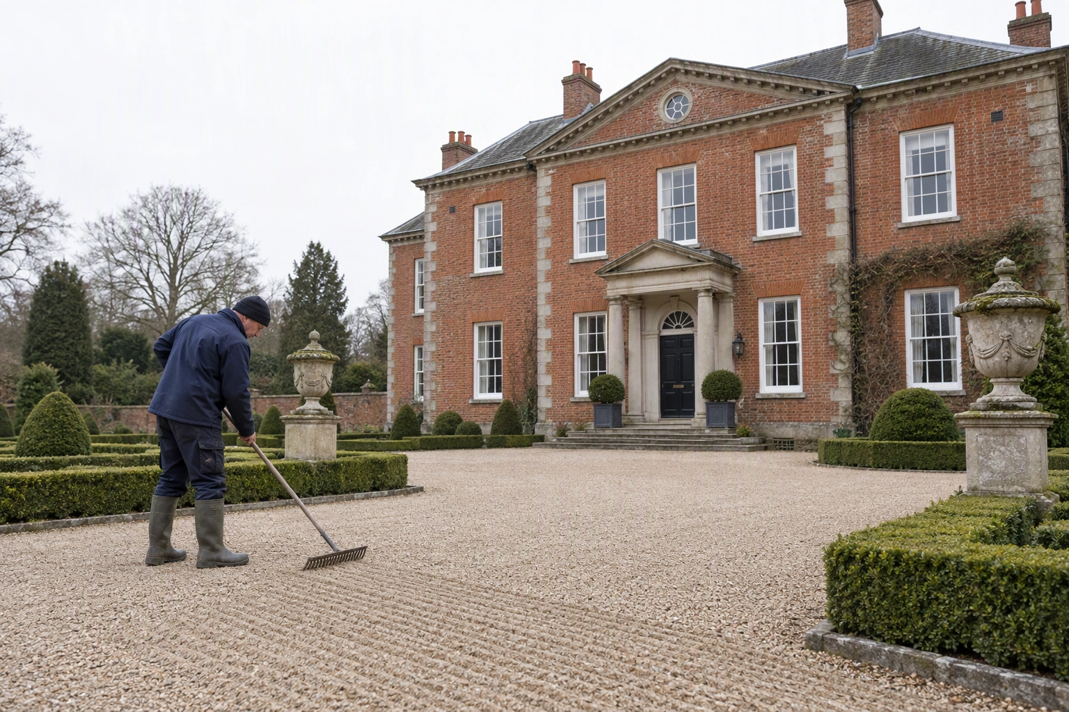 Groundskeeper raking a gravel motor court before a Georgian brick manor shoot under a flat overcast sky