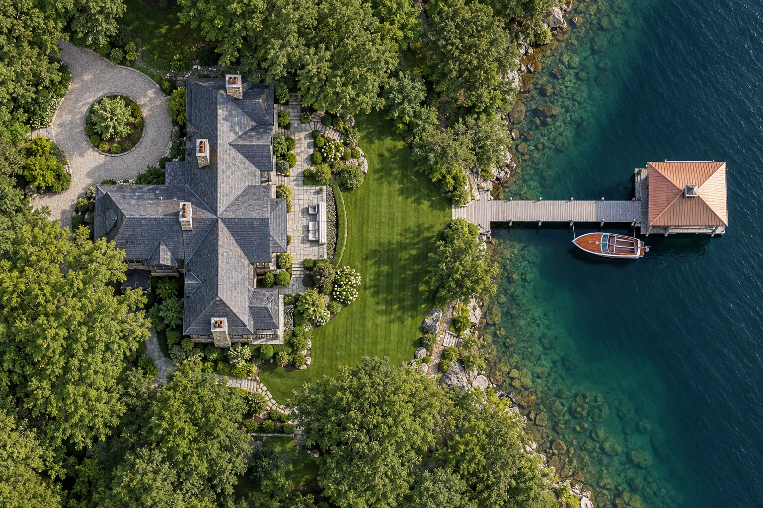 Top-down aerial of a lakefront estate showing slate roof, private dock, boathouse and lawn, a drone establishing shot