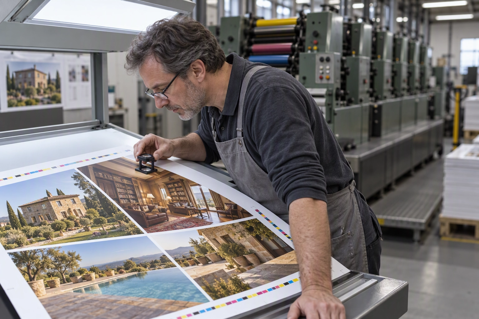 Press operator checking a printed property brochure sheet for consistent color under a daylight viewing booth