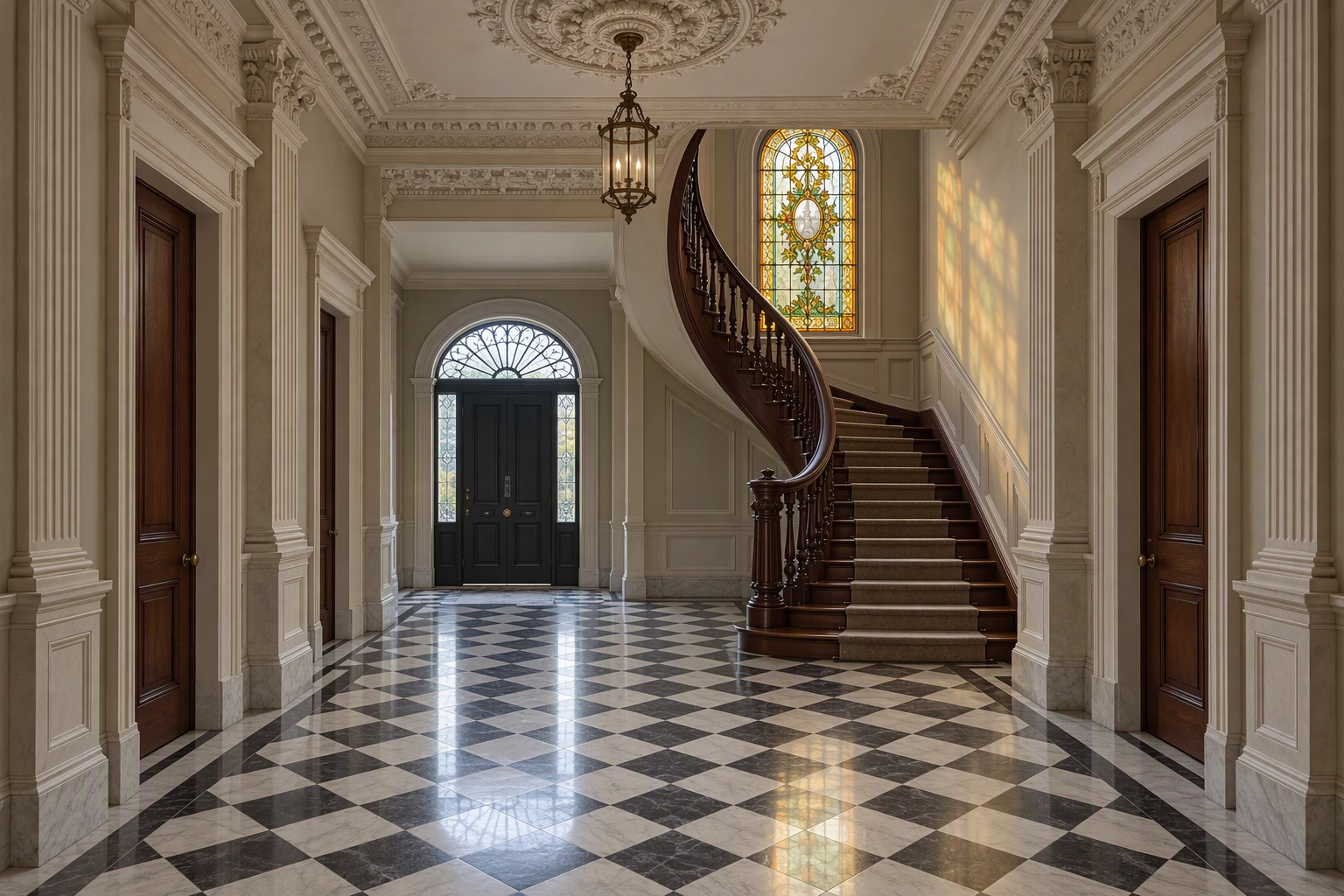Restored Beaux-Arts entrance hall with checkerboard marble floor, plaster cornice and curving staircase, period home photo