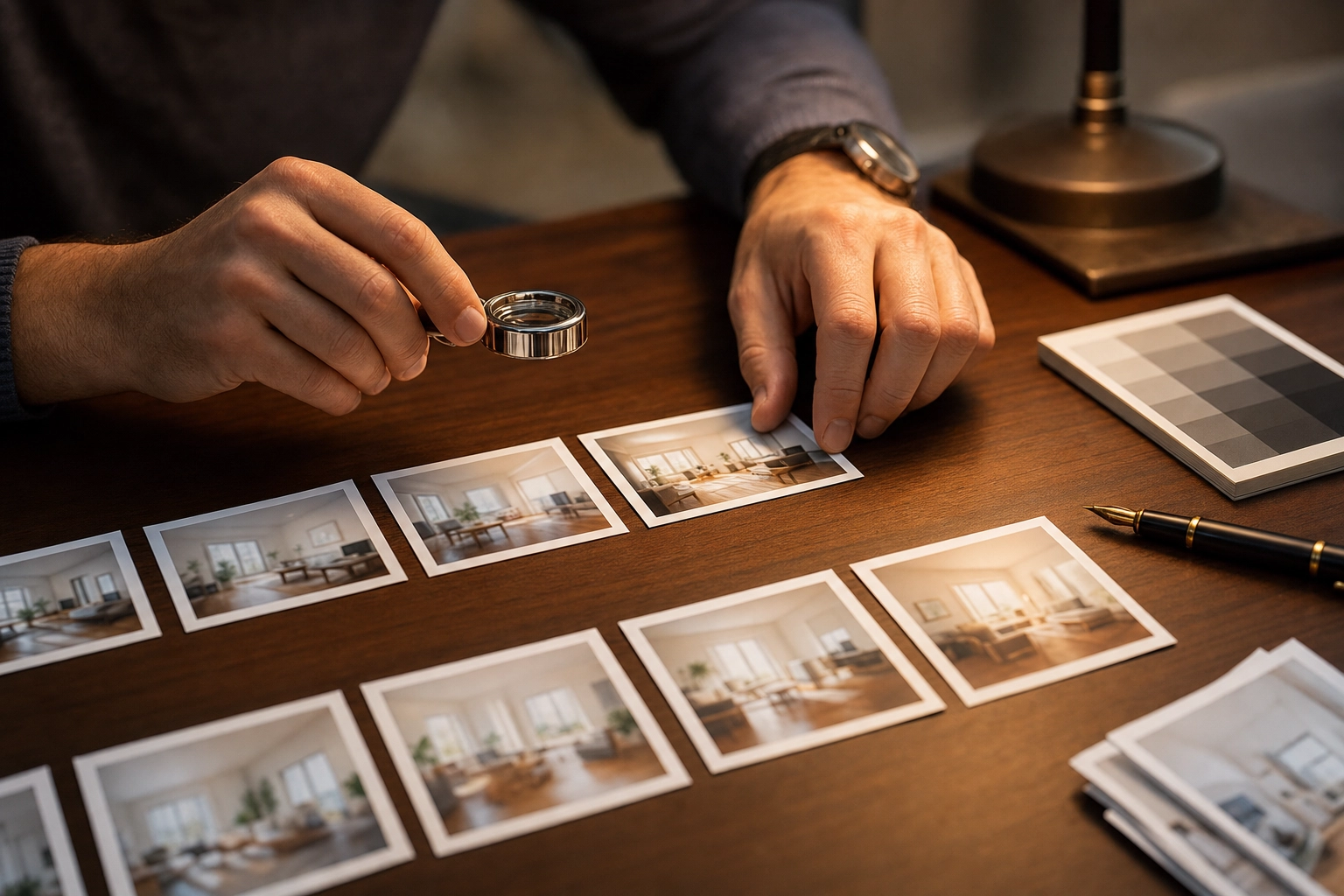 Photographer culling printed proofs of listing photos with a loupe to select the best MLS-ready images