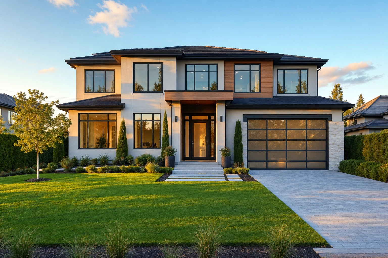 Clean landscape front-exterior listing photo of a modern home — the unbranded hero thumbnail every MLS portal displays first