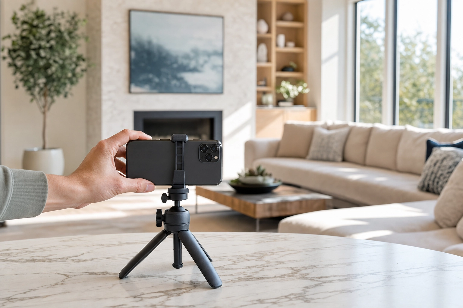 Smartphone on a tripod capturing a bright staged living room, showing phone photos can meet MLS resolution specs