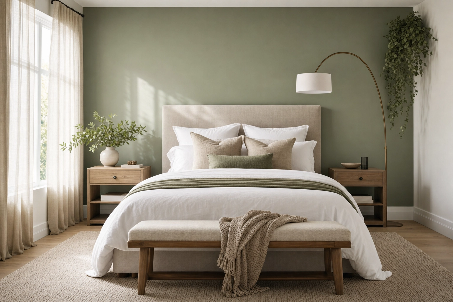 Virtually staged contemporary primary bedroom in soft morning light showing high-end staging quality