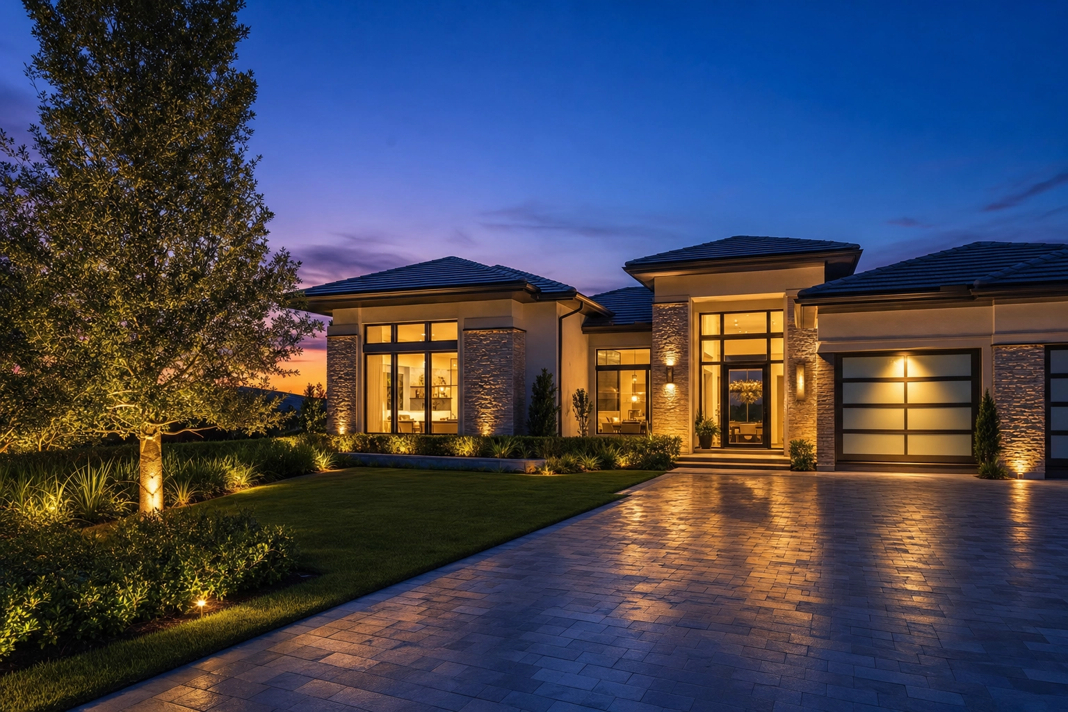 Modern home exterior at twilight with warm window glow, a day-to-dusk real estate listing photo