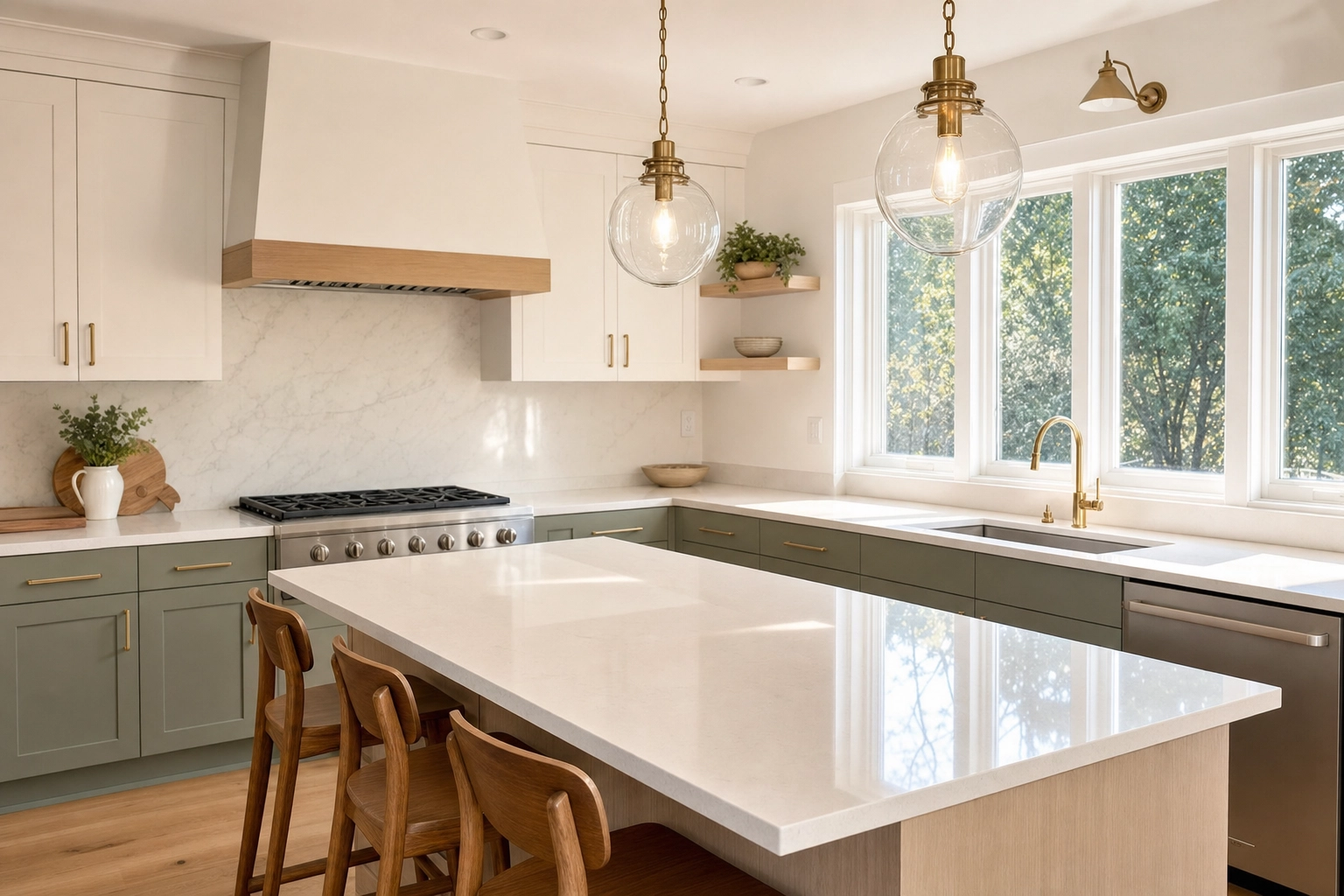 Bright, decluttered modern kitchen with island showing clean editorial real estate photo output