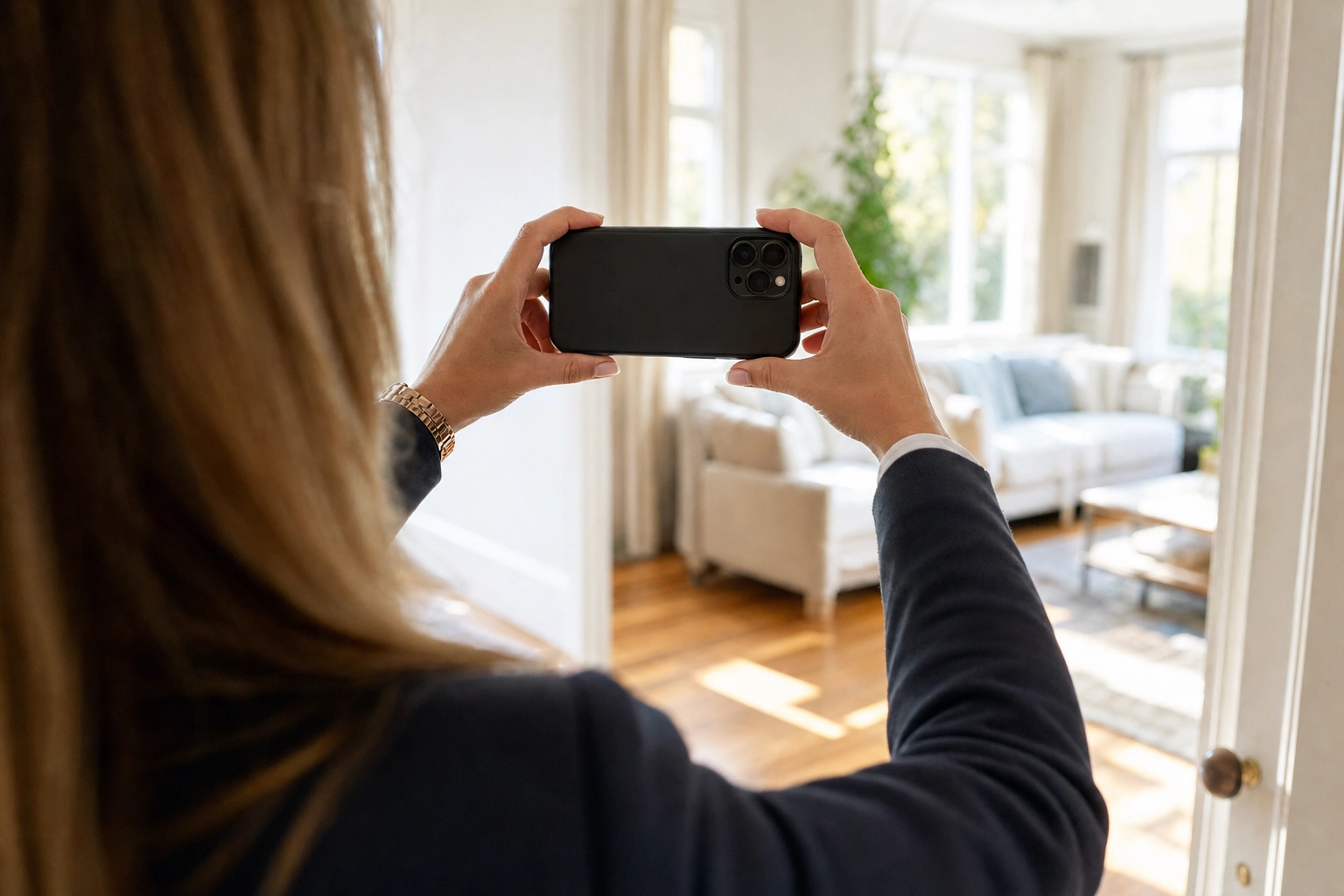 Agent's hands holding a phone to capture a sunlit living room, an iPhone-shot listing photo input