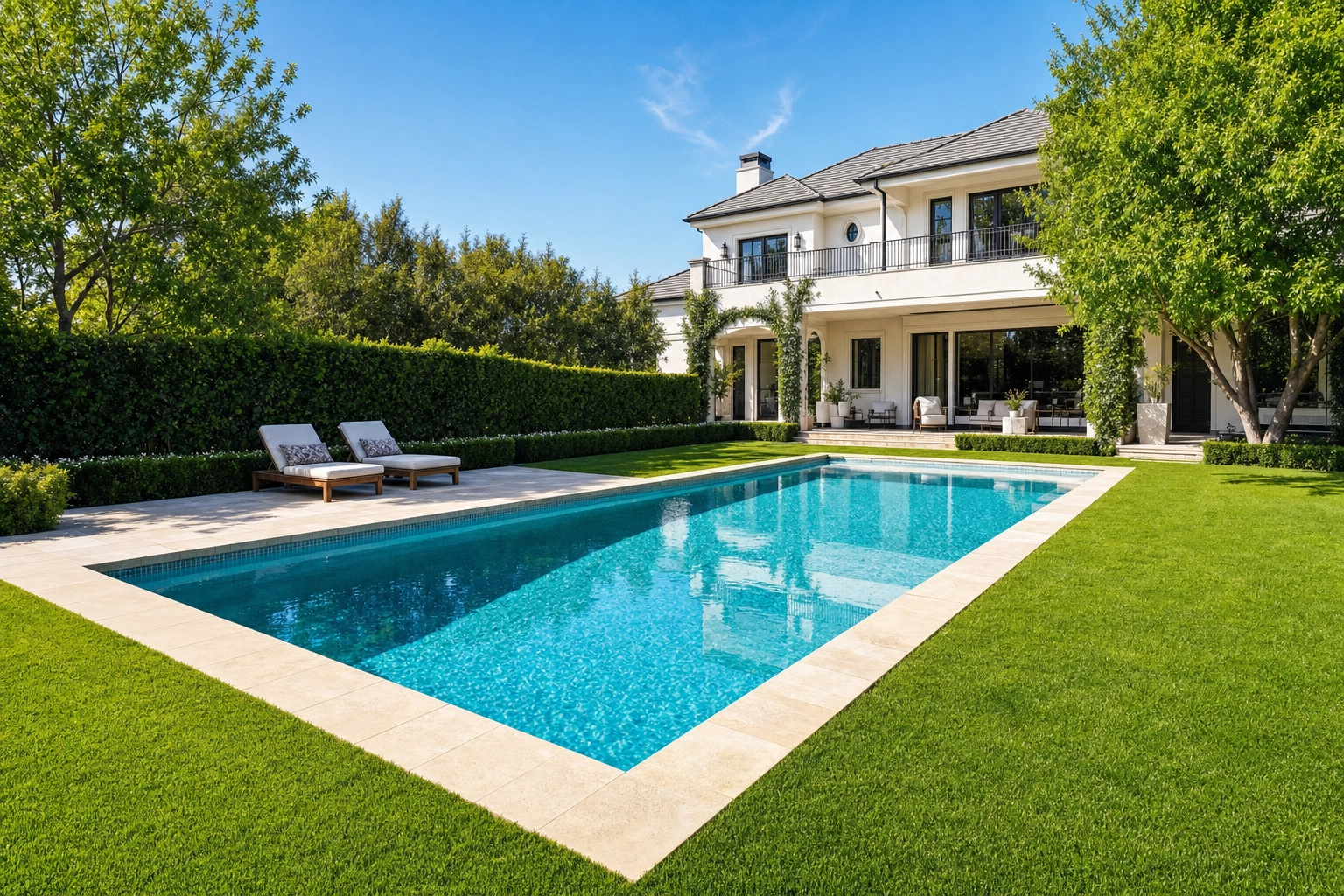 Sparkling turquoise pool and lush green lawn in a sunlit backyard, AI lawn and pool revive output