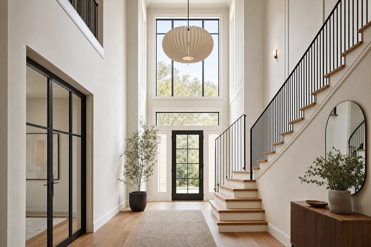 Bright two-story entryway and staircase with straight verticals, a perspective-corrected listing photo