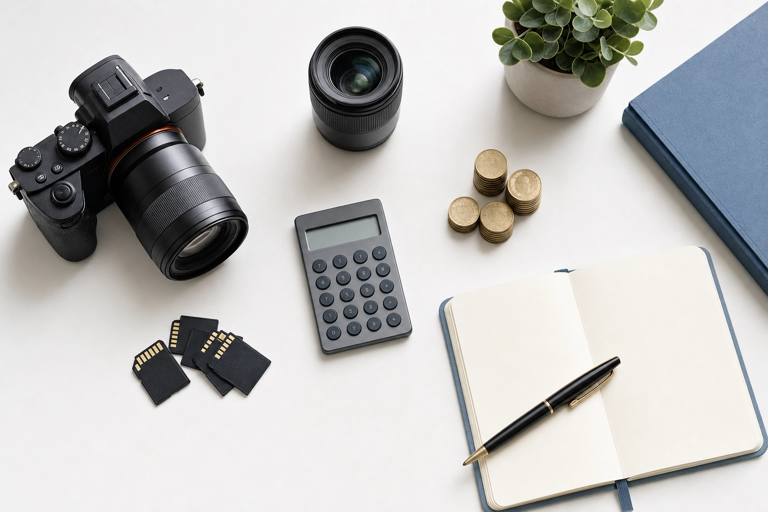 Overhead flat-lay of camera gear, calculator and coins representing real estate photo editing pricing