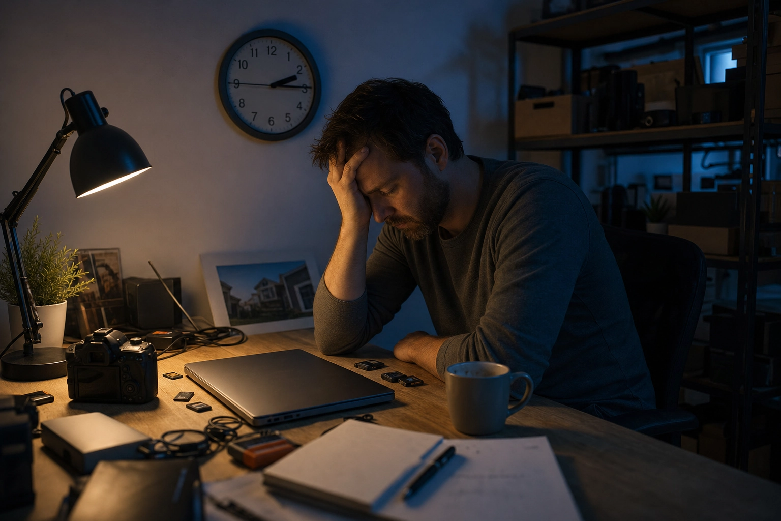 Real estate photographer working past midnight on edit-night while waiting on photo editing turnaround