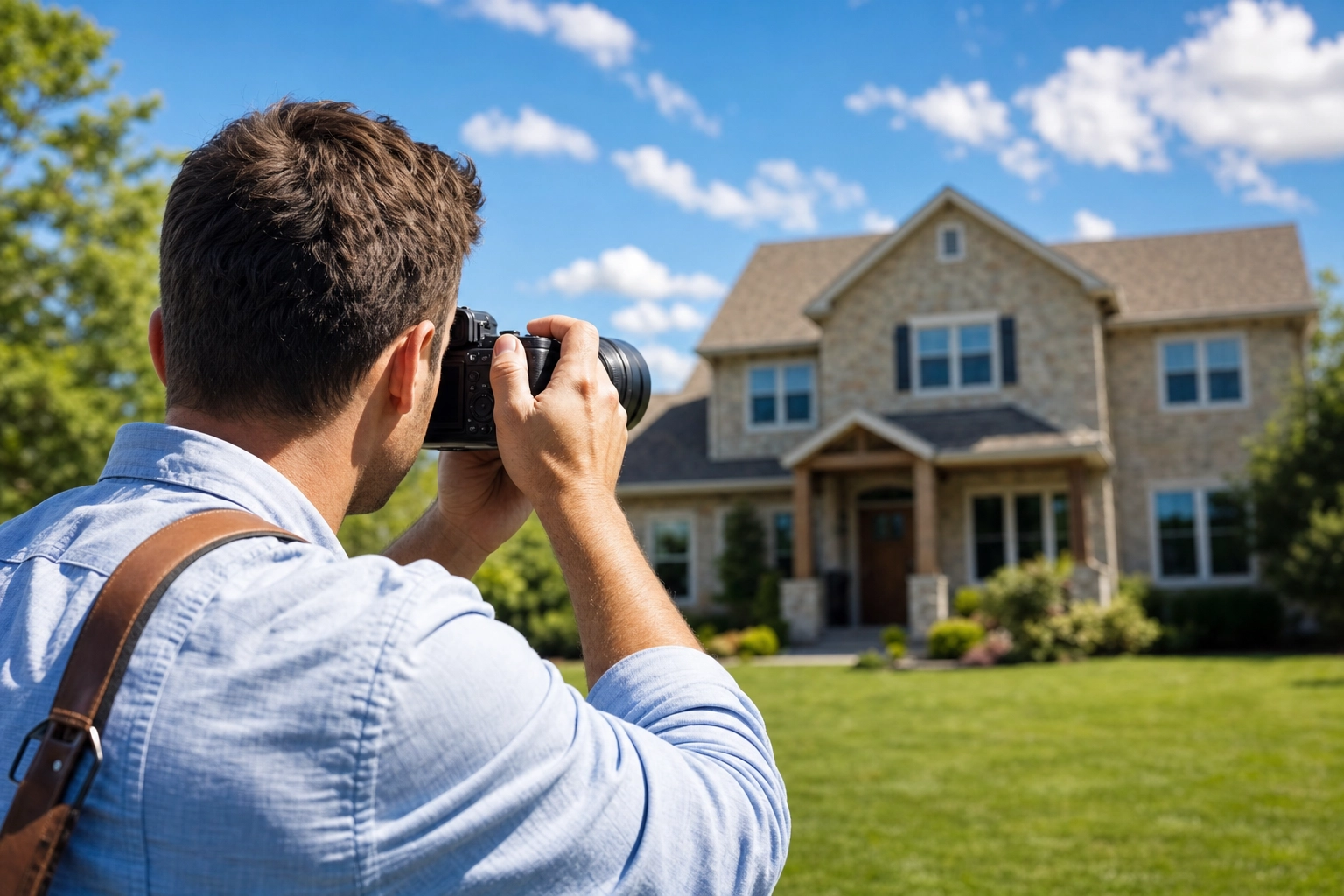 Real estate photographer outdoors framing a house exterior with a mirrorless camera in daylight