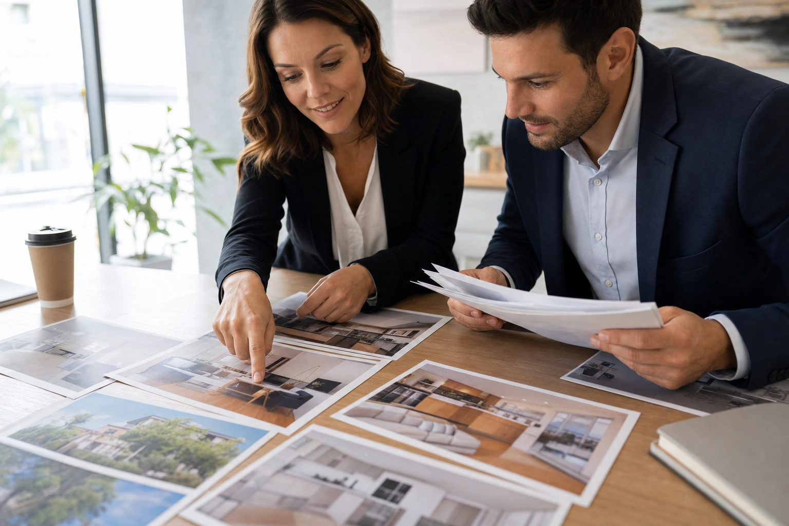 Two real estate professionals reviewing printed listing photos together at a bright office table