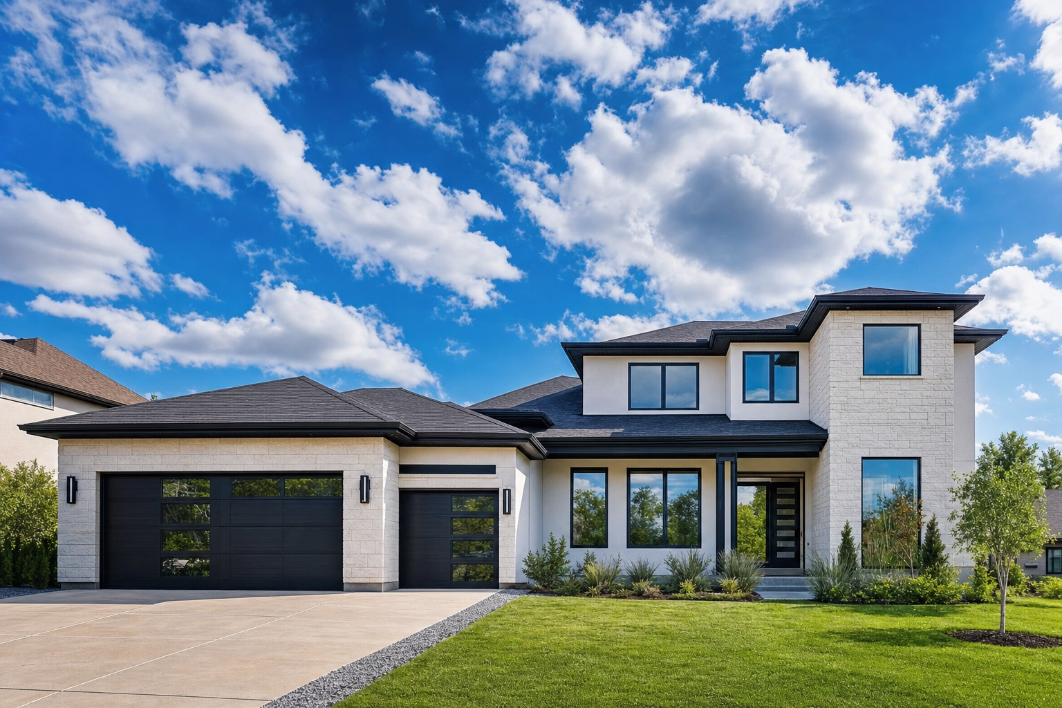 Modern home exterior under a vivid blue sky with clouds, an AI sky-swap real estate listing photo