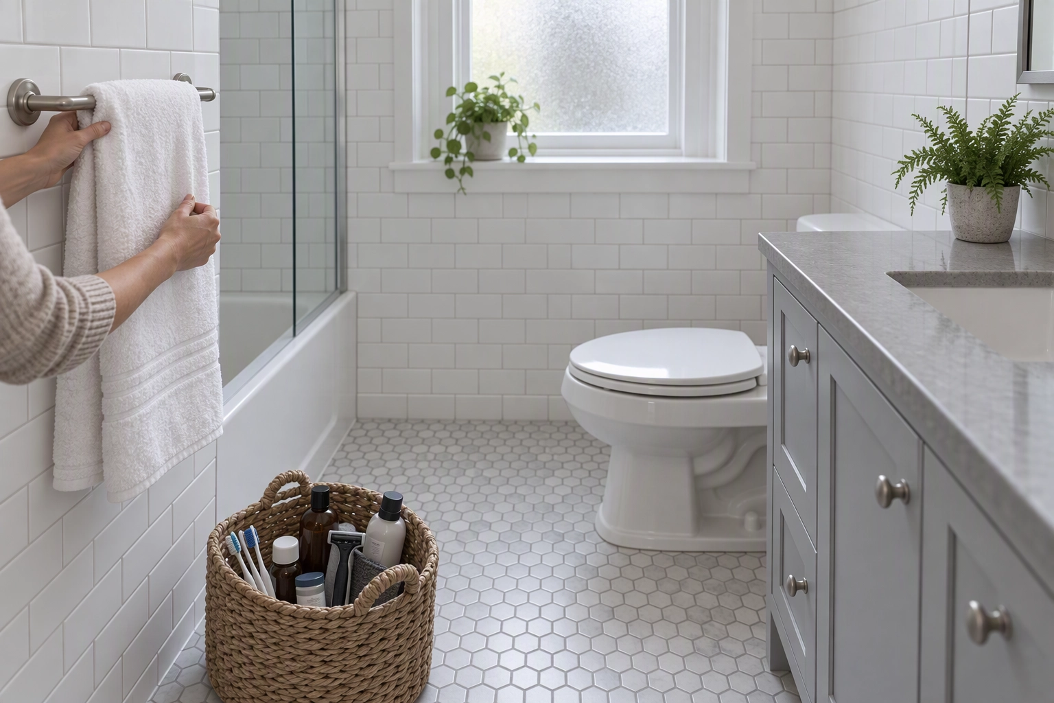 Hands hanging a fresh white towel in a cleared bathroom, toiletries and medications gathered in a basket before listing photos