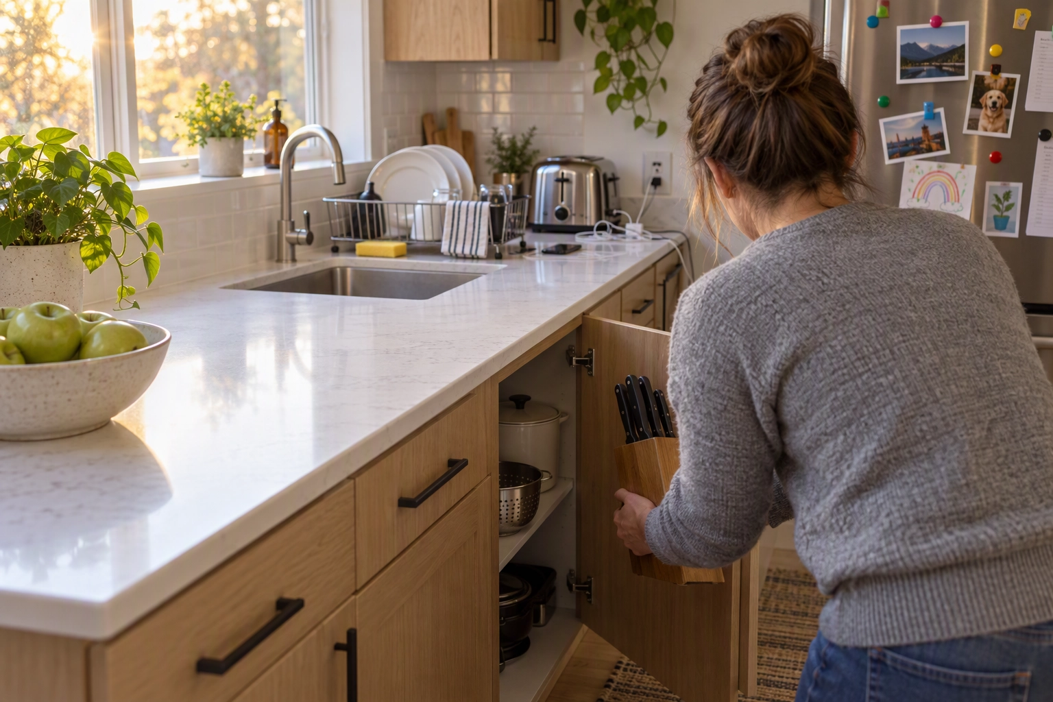 Seller clearing a quartz kitchen counter of a knife block, dish rack and chargers to get a house ready for listing photos