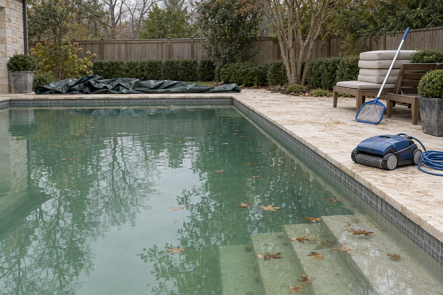 Cloudy backyard pool with a robot cleaner and skimmer net on the deck, pool prep to finish on site before listing photos