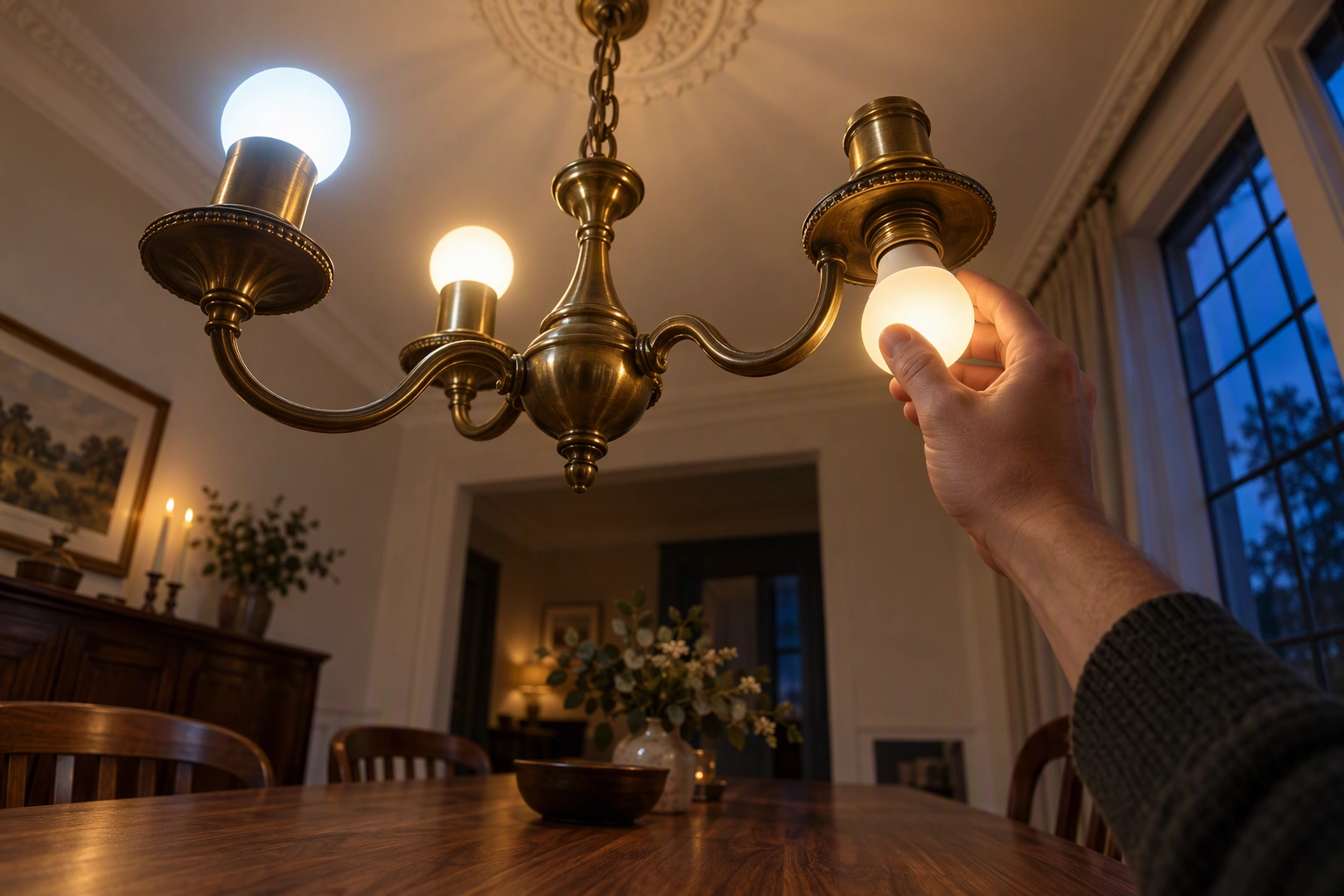 Hand replacing a mismatched cool bulb in a brass dining chandelier to match color temperature before real estate photos