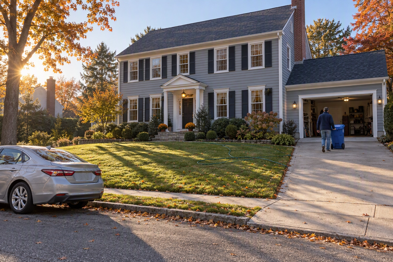Homeowner rolling a recycling bin off the driveway before a listing shoot, hose and car still in frame, real estate photo checklist prep
