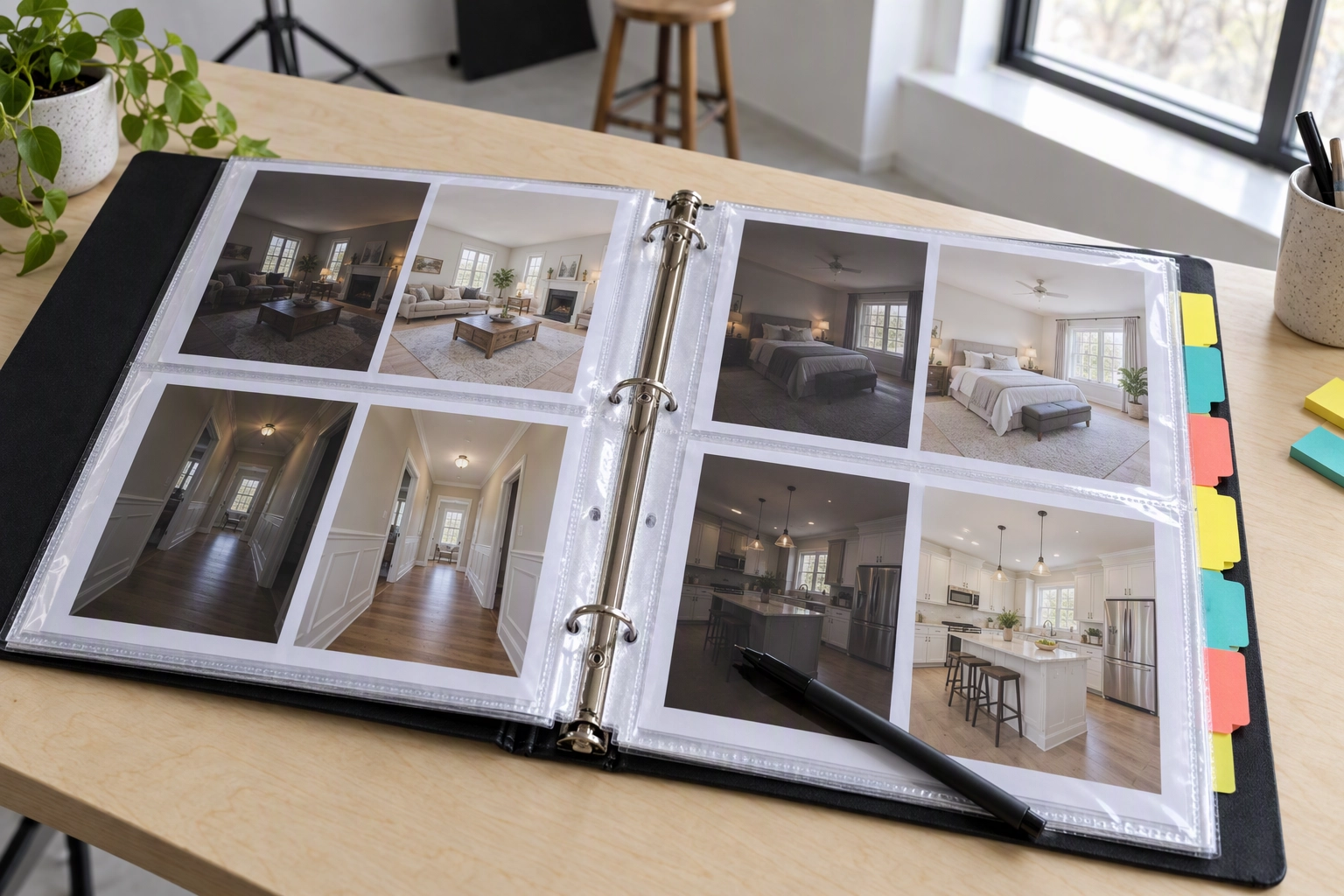 Open ring binder of before and after listing photo prints with colored tabs, the style guide an outsourced photo editor must learn